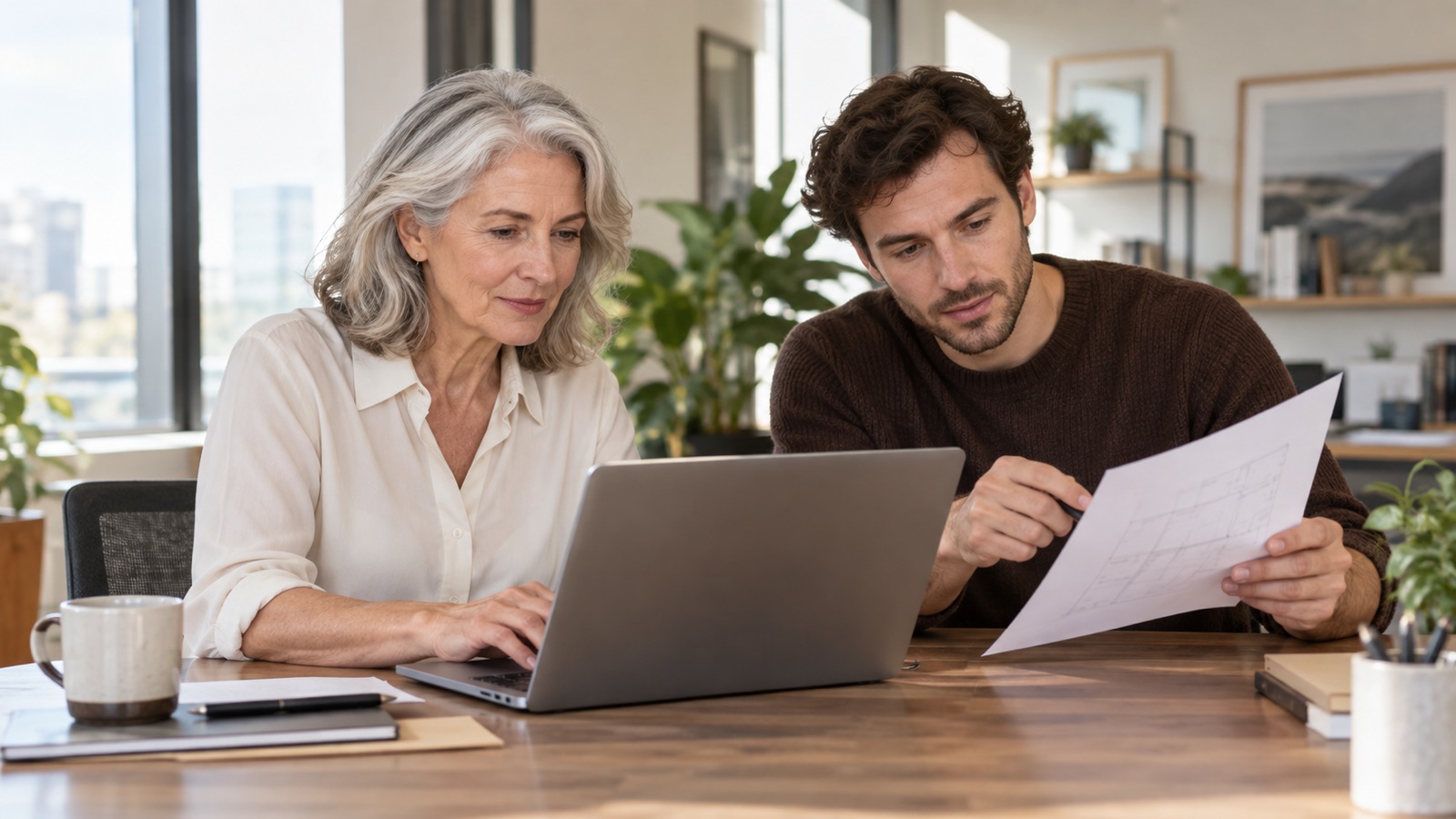 Two colleagues of different ages comparing a laptop display with a printed diagram.