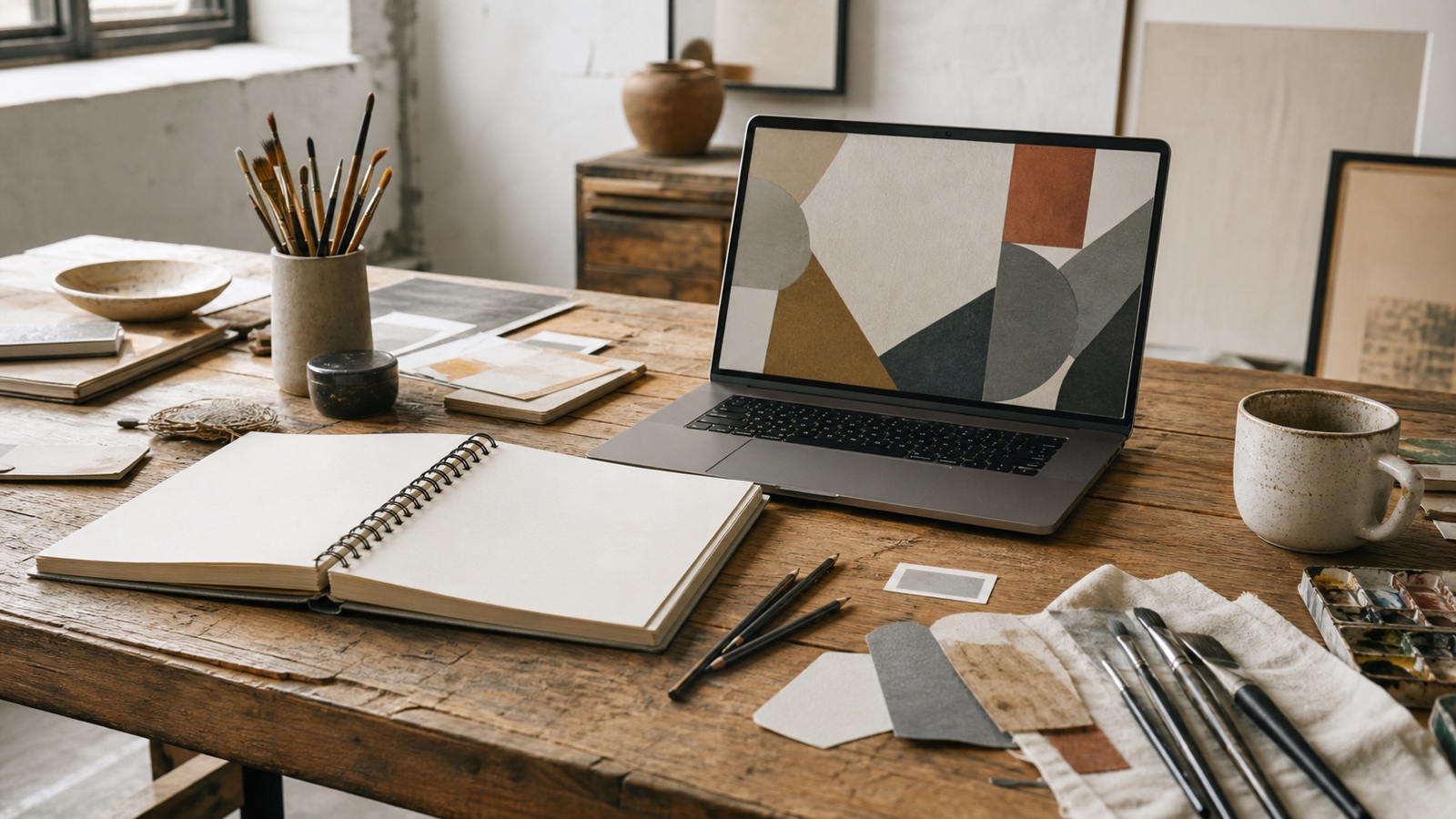 Traditional art tools and a sketchbook beside a laptop showing abstract digital shapes