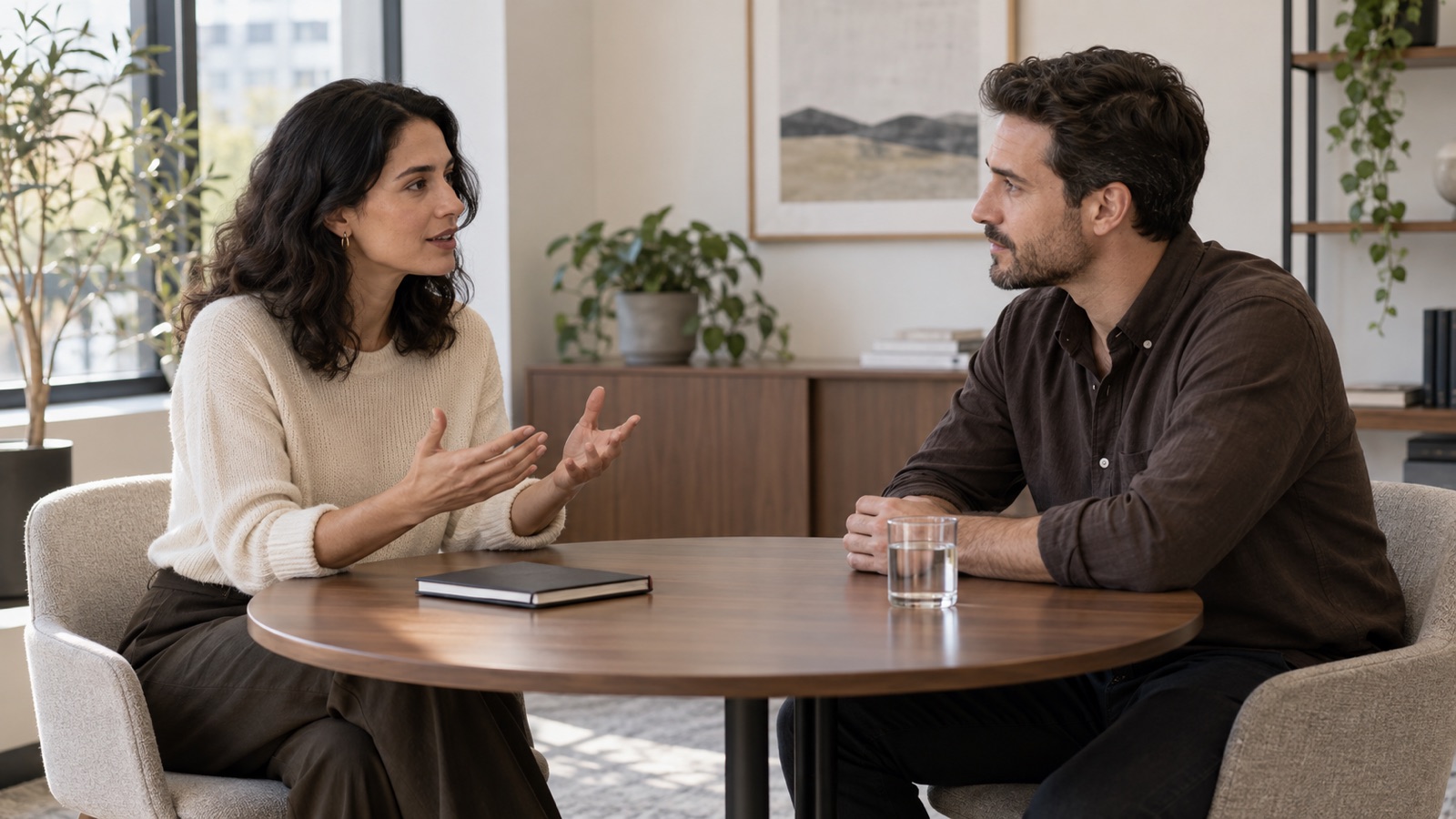 Two colleagues taking part in a calm conversation.