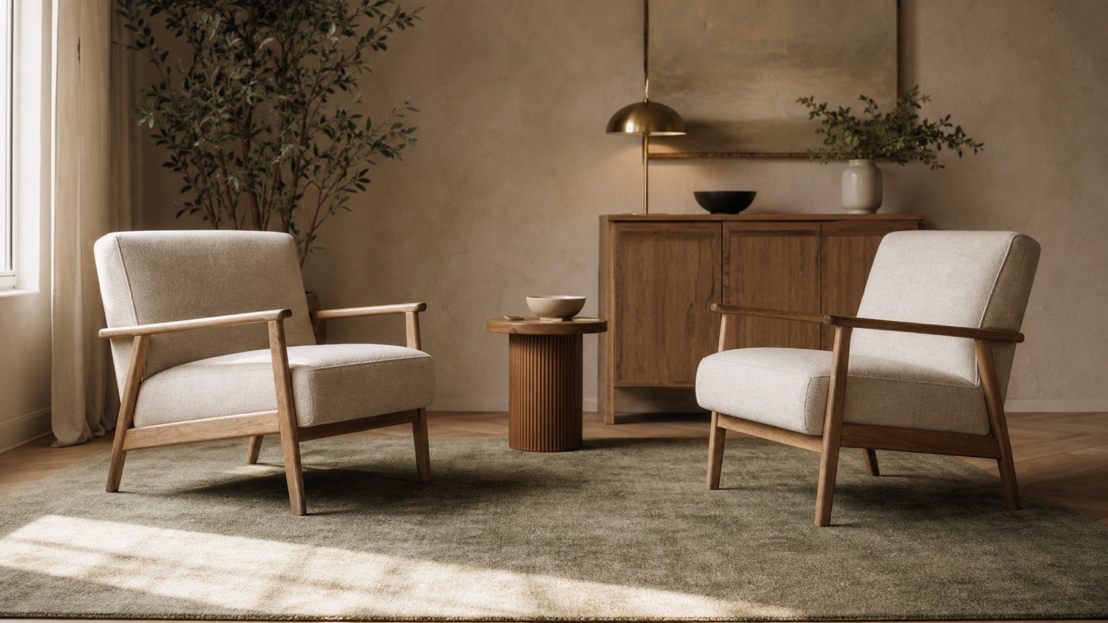 Two cream chairs facing each other across a small table in a warm quiet room