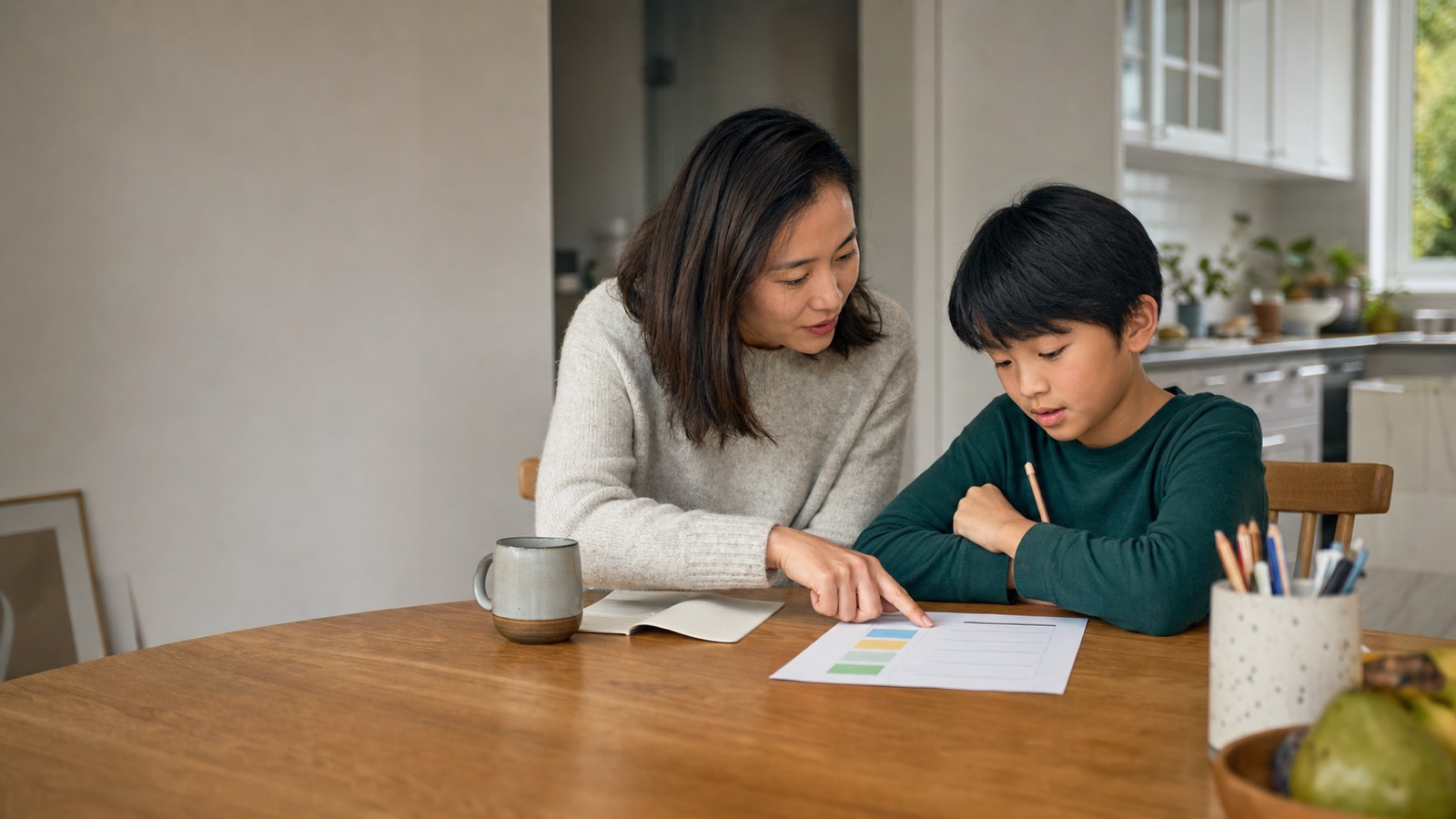 A parent and school-age child calmly review a household plan at the kitchen table
