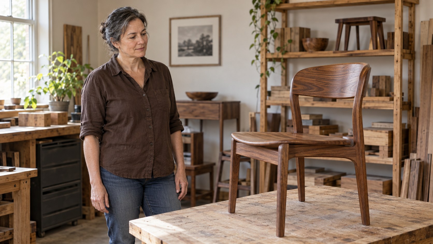 A woman looking at a finished wooden chair in a furniture workshop.