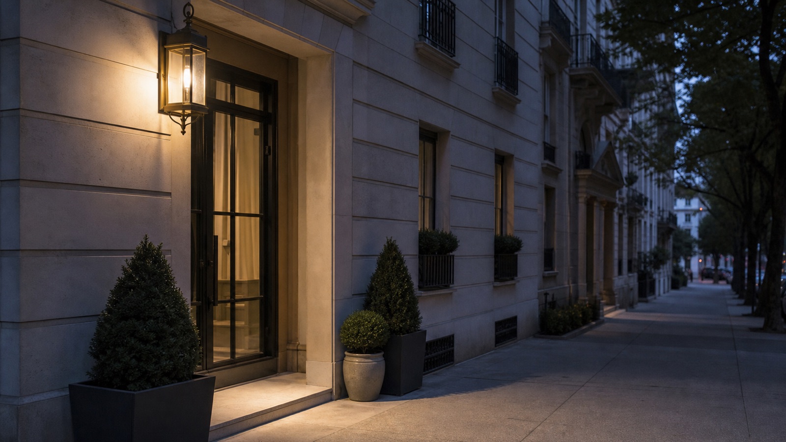 A warm brass porch light making a pale-stone entrance visible at dawn