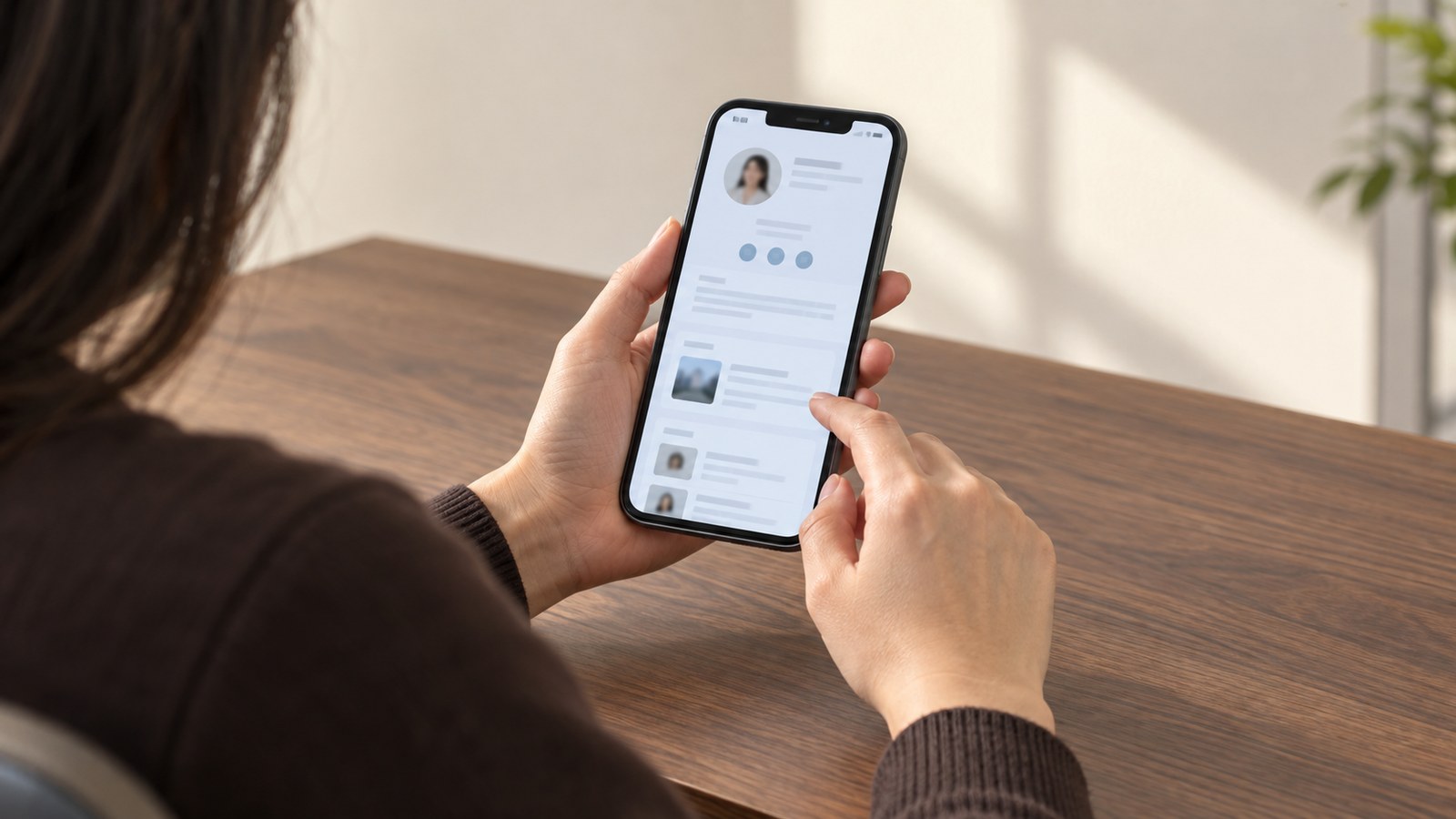 Illustrative scene of a person checking a professional profile page on a smartphone
