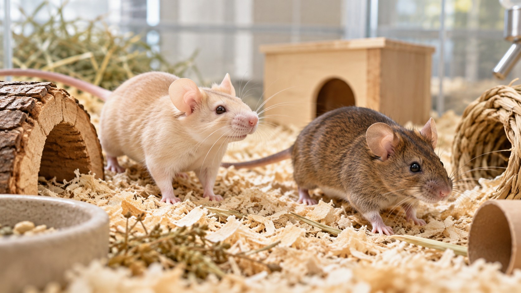 Two mice exploring a clean habitat with bedding and shelters.