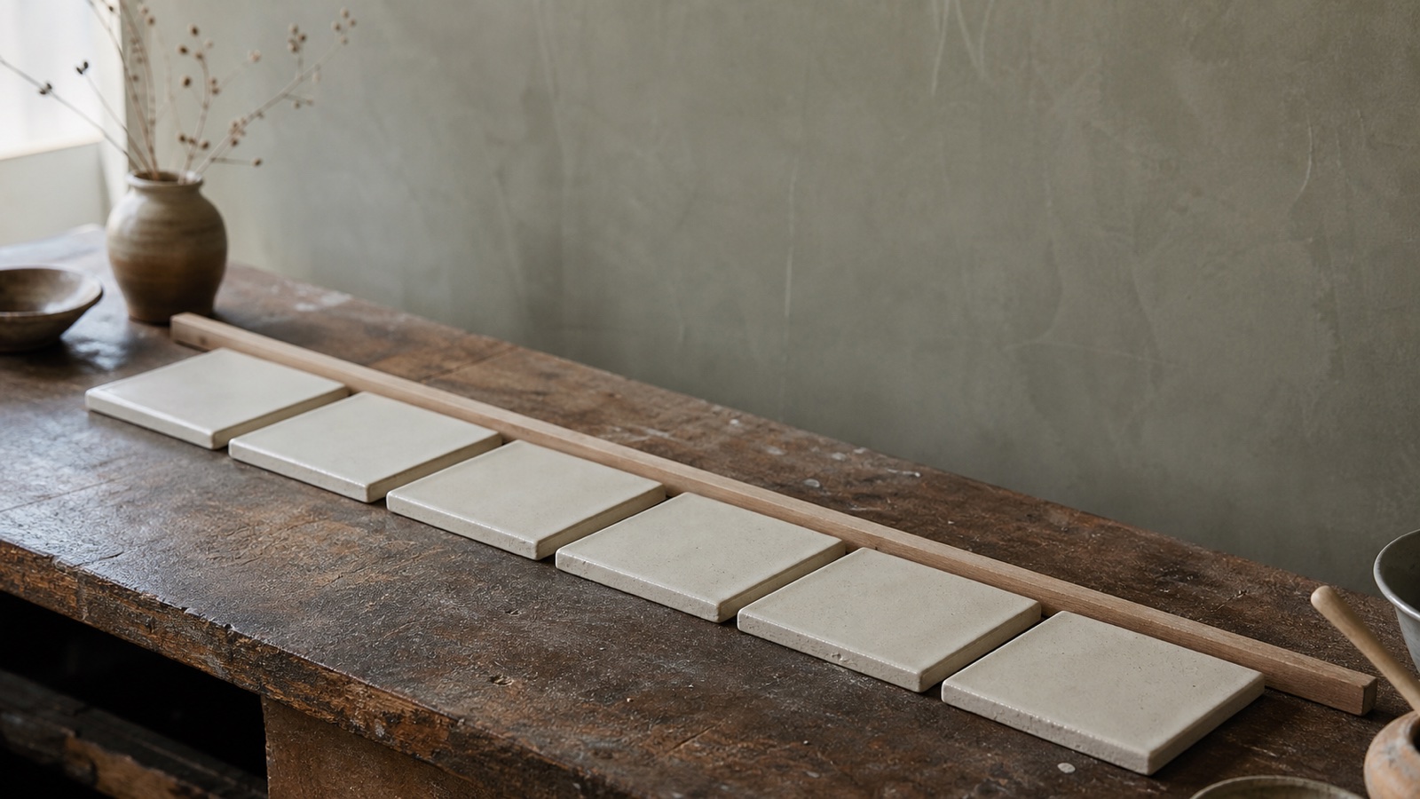 A consistent row of handmade white ceramic tiles aligned on a craft table