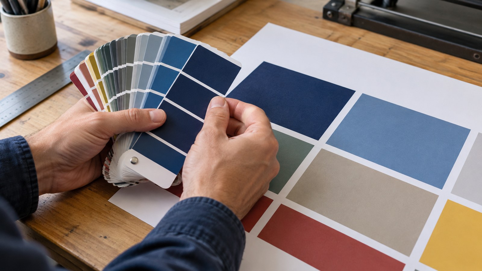 Illustrative scene of hands comparing a colour swatch with a printed colour proof