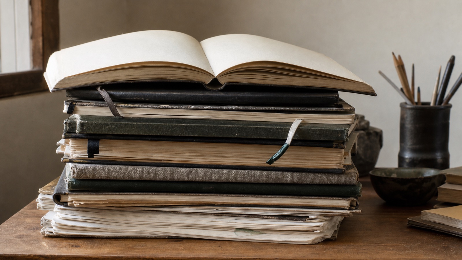 A substantial stack of well-used notebooks and manuscript pages on a writer's desk