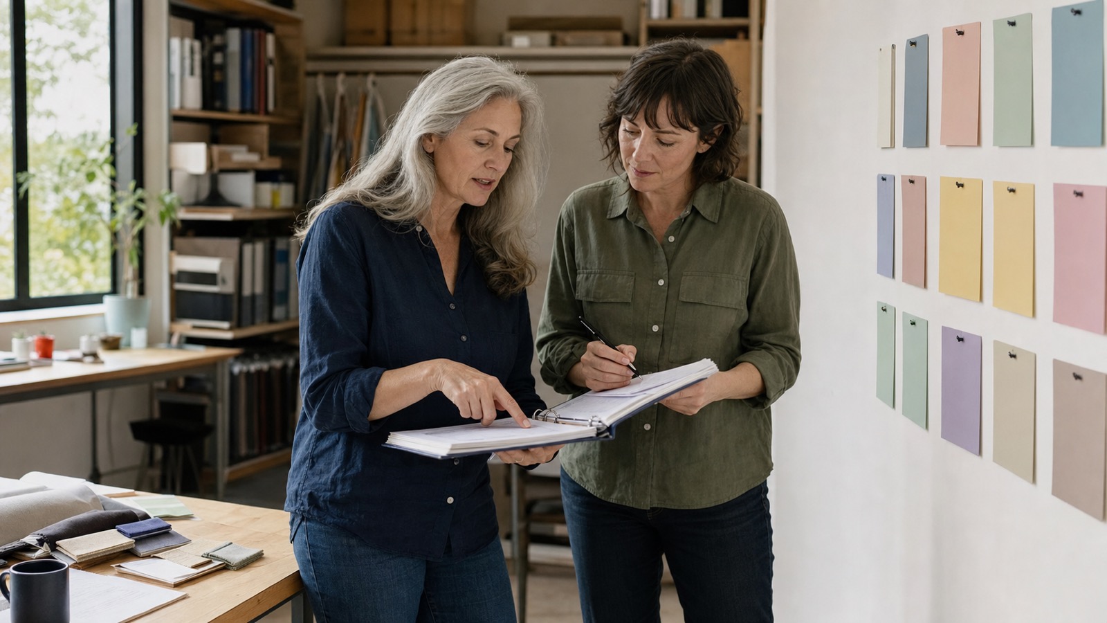 A founder reviews a process binder with a senior successor in a small-business workshop