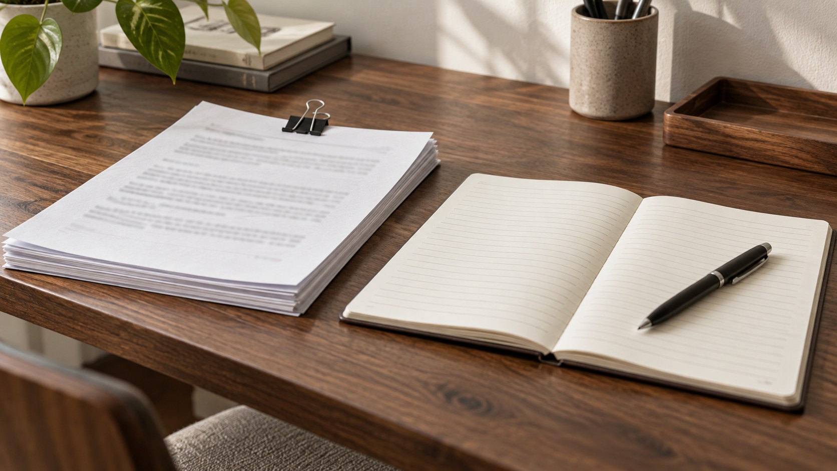 Generic paperwork beside a blank ruled notebook and pen
