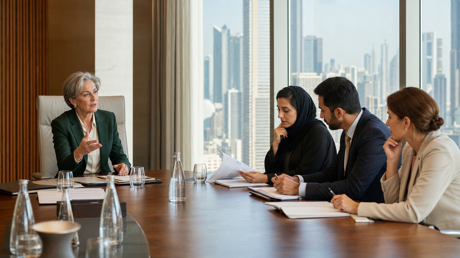 A woman board chair leads a discussion with three directors in a modern Dubai boardroom