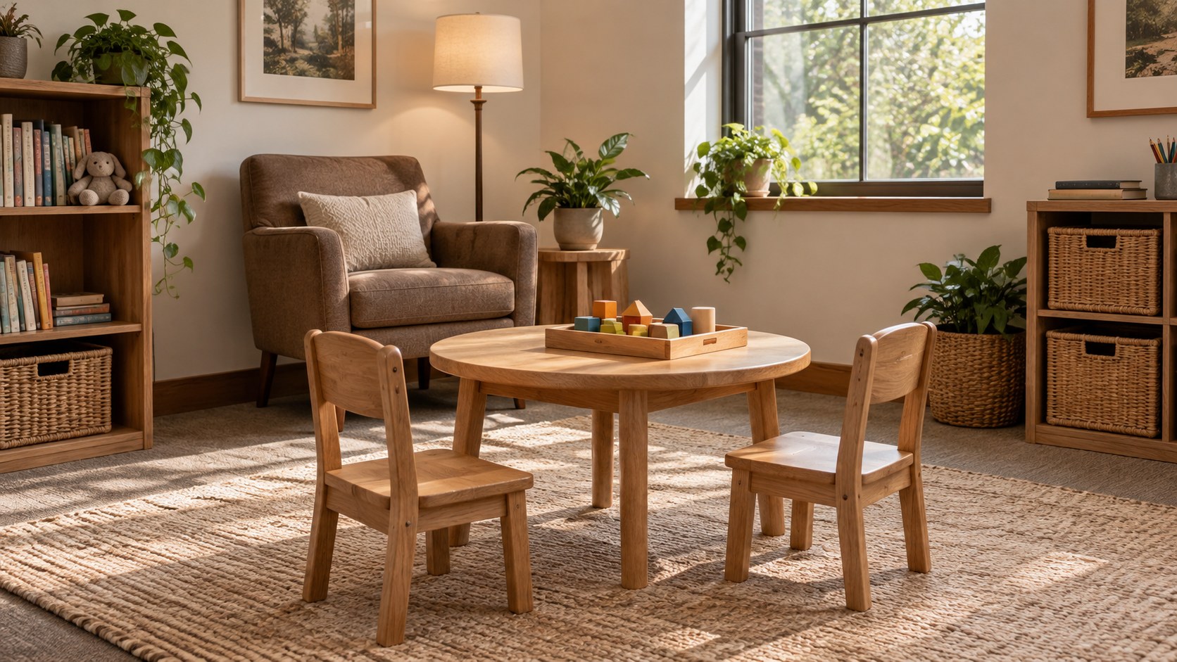 Small wooden chairs and a table with blocks in an empty counselling room