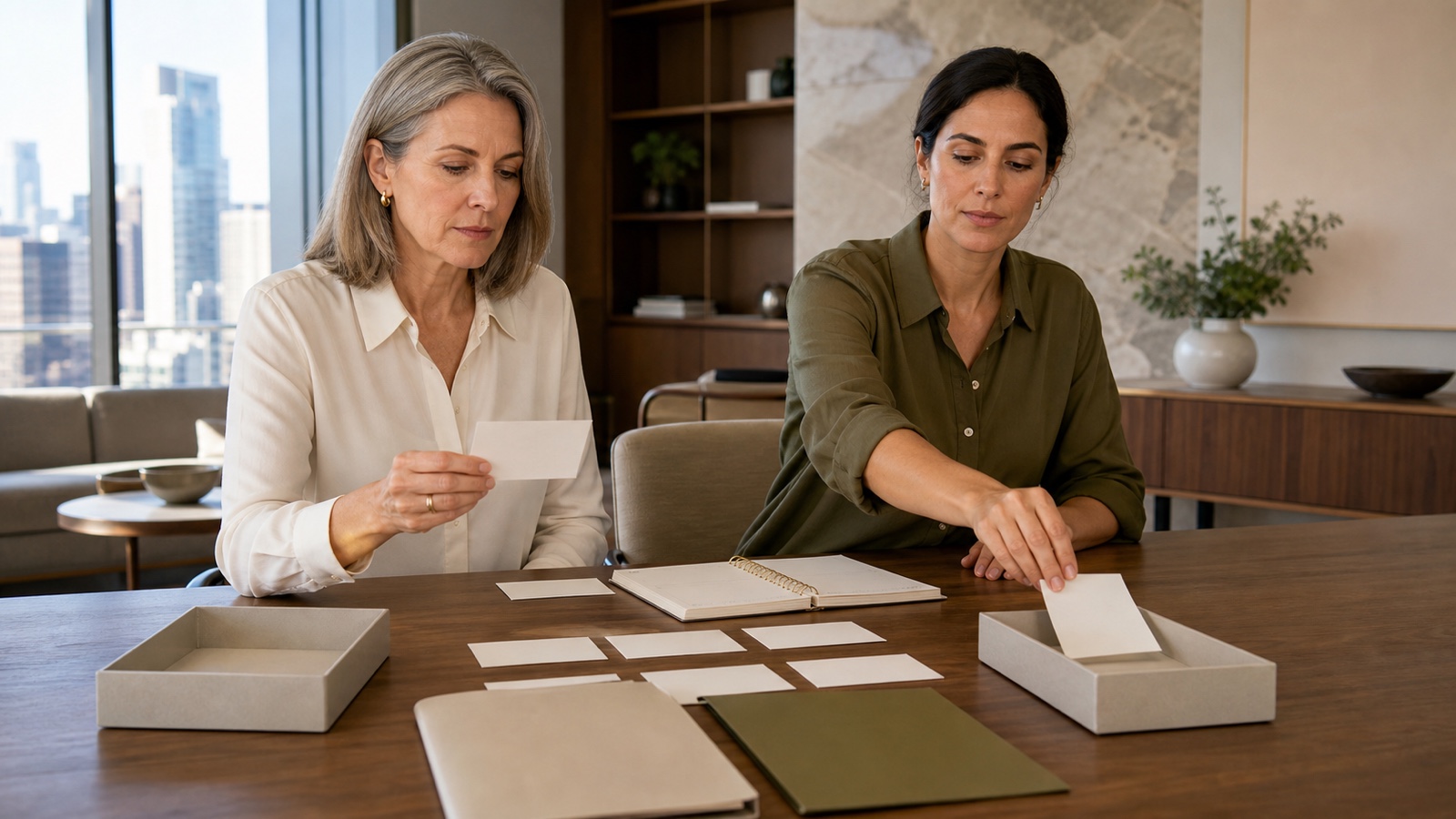 A woman founder and colleague sort workload cards into two trays