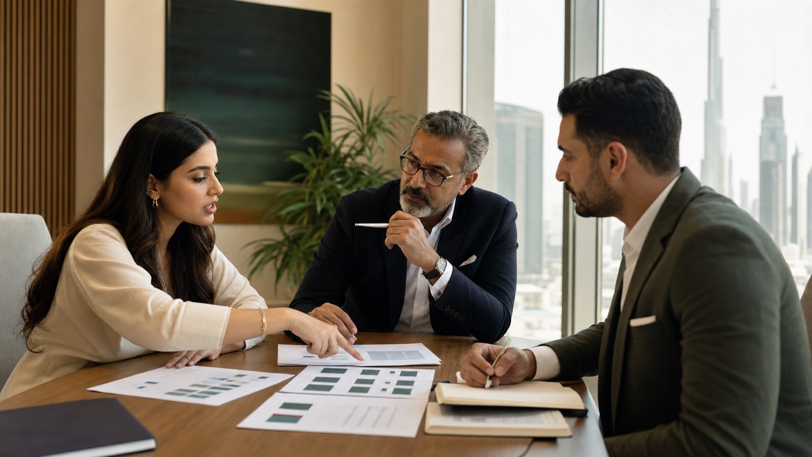 A woman founder and two advisers review governance documents in a Dubai office