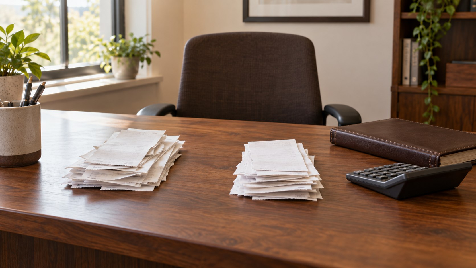 Two separate stacks of receipts beside a closed ledger and calculator on a desk.