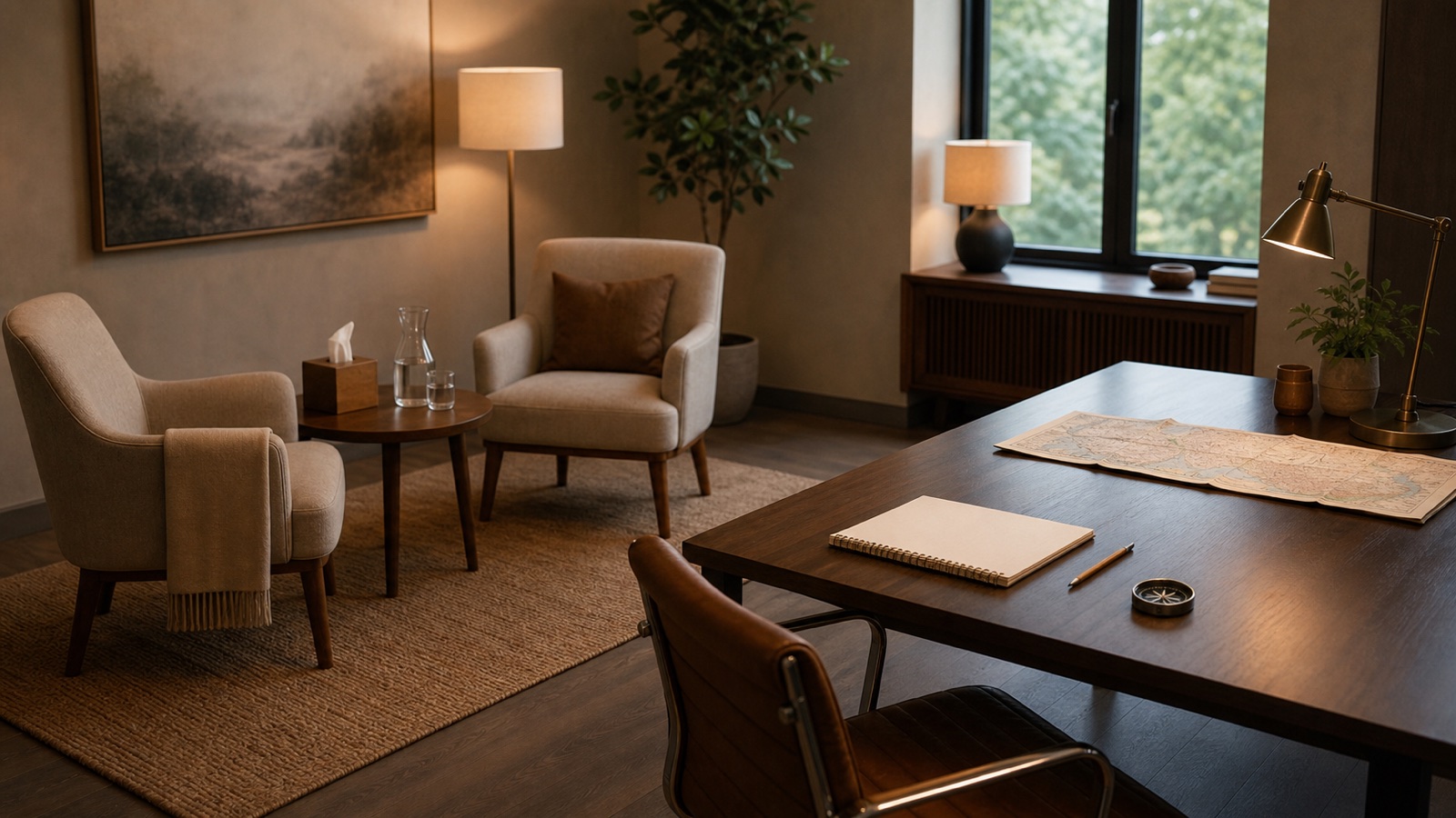 A consultation room pairing conversation chairs with a planning desk, compass, and map
