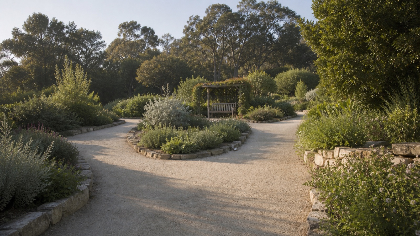 A garden path dividing into several routes around a sheltered wooden bench