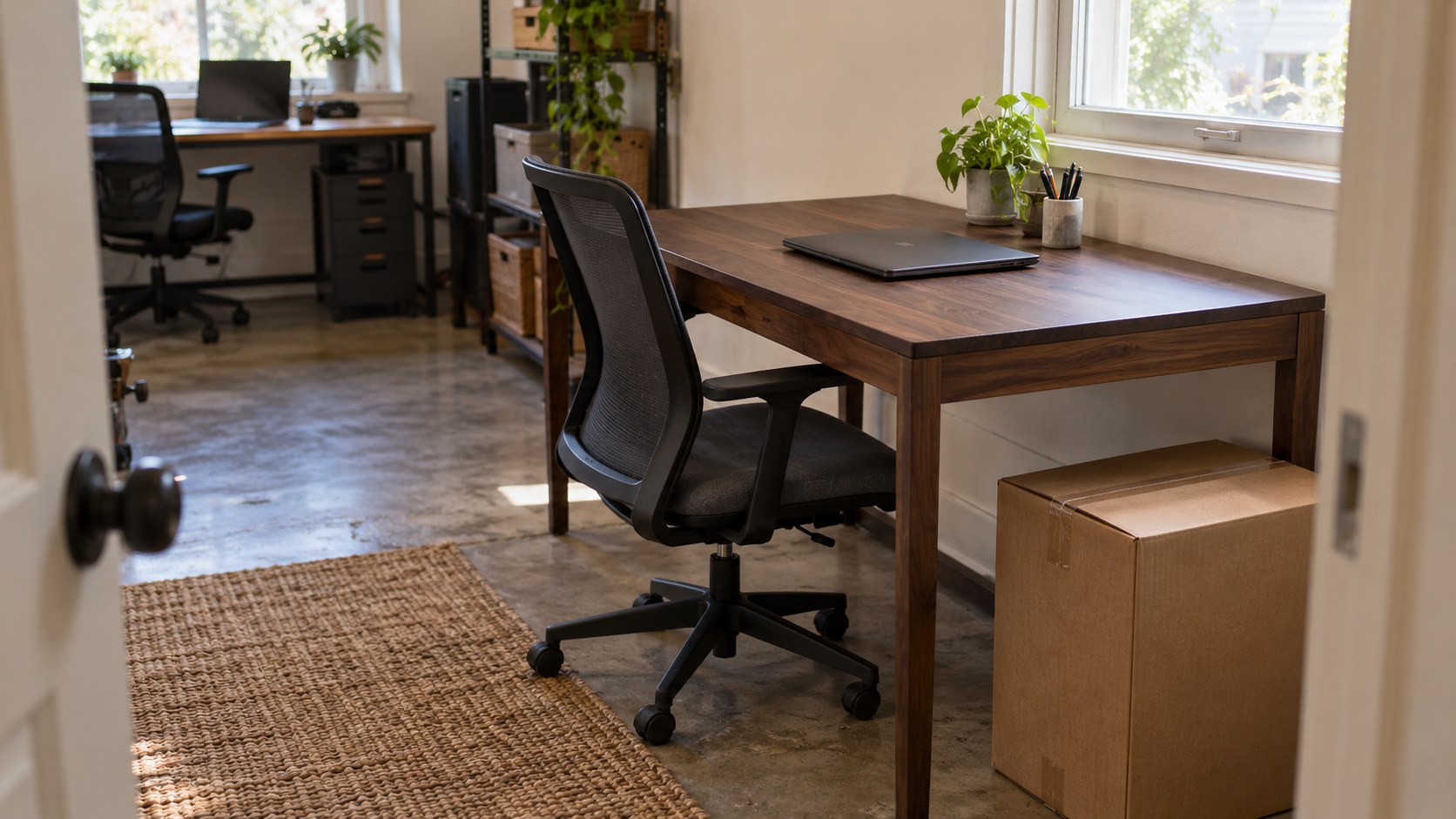 New desk with a closed laptop, office chair and boxed equipment beside an existing workstation.