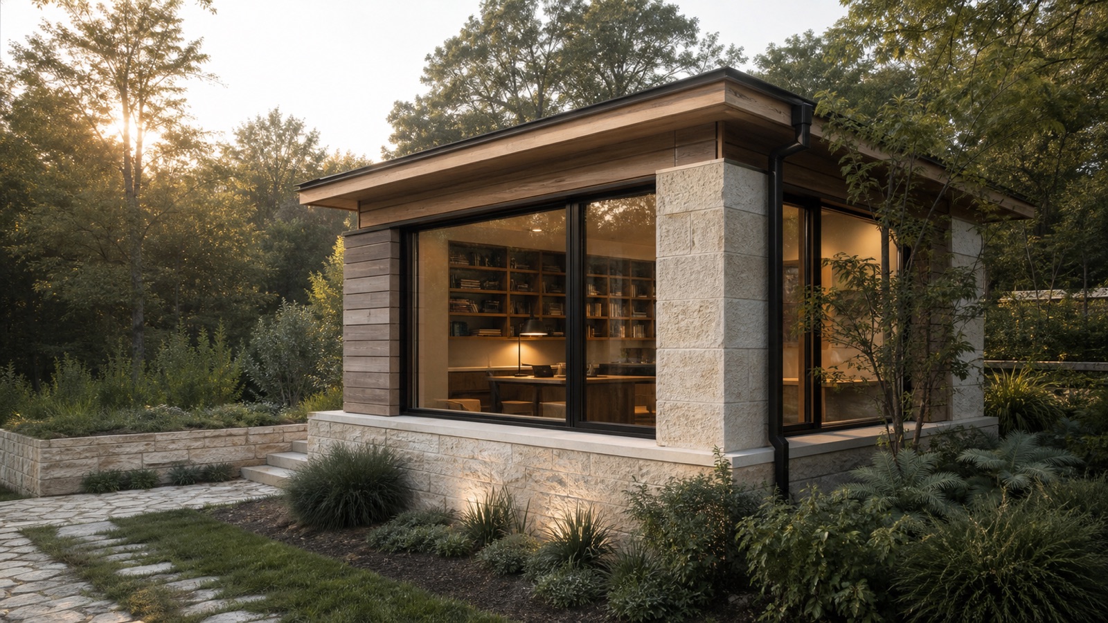 A warm-lit garden studio anchored on a solid limestone foundation