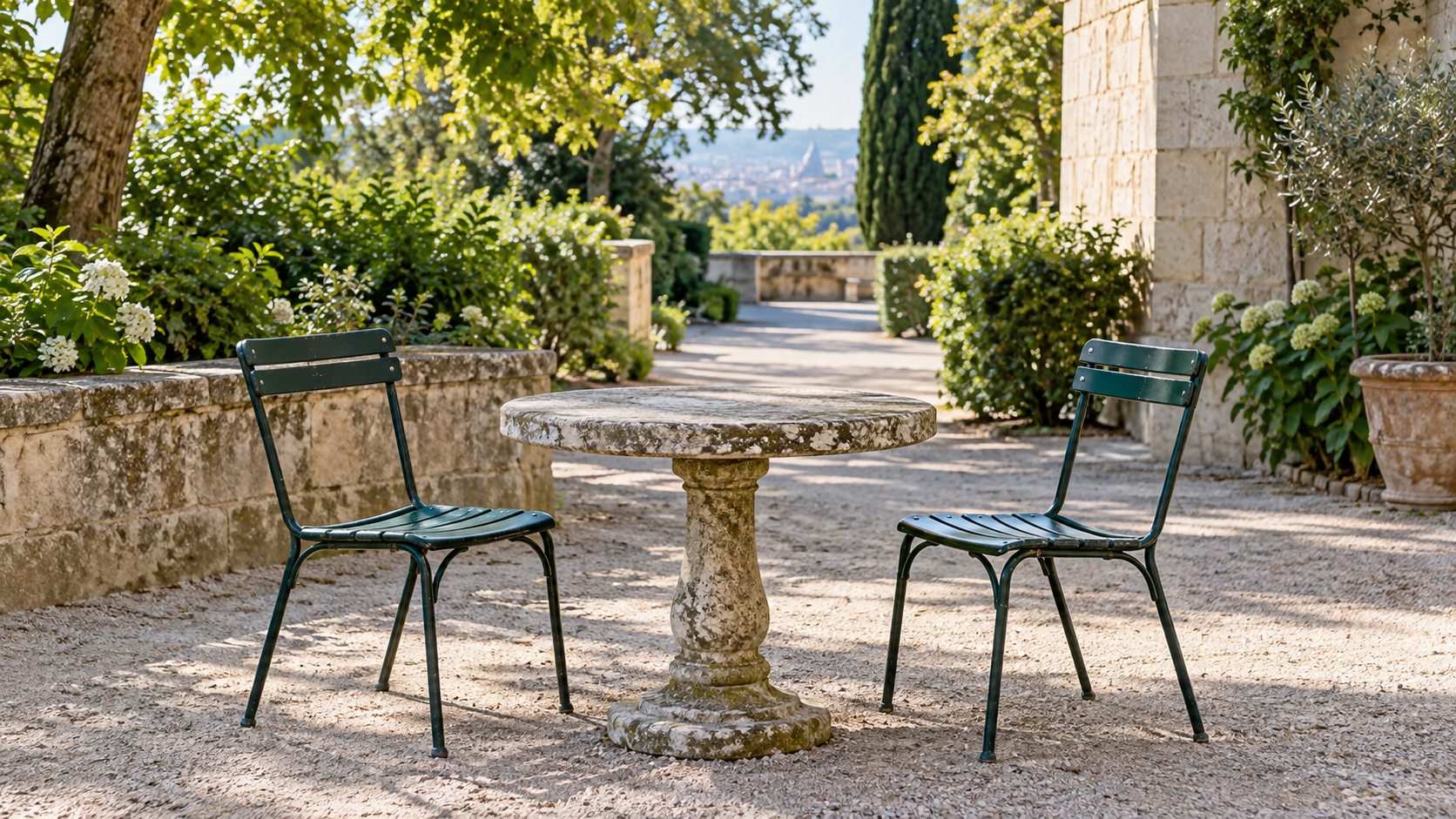 Two green chairs beside a stone table on a quiet garden terrace