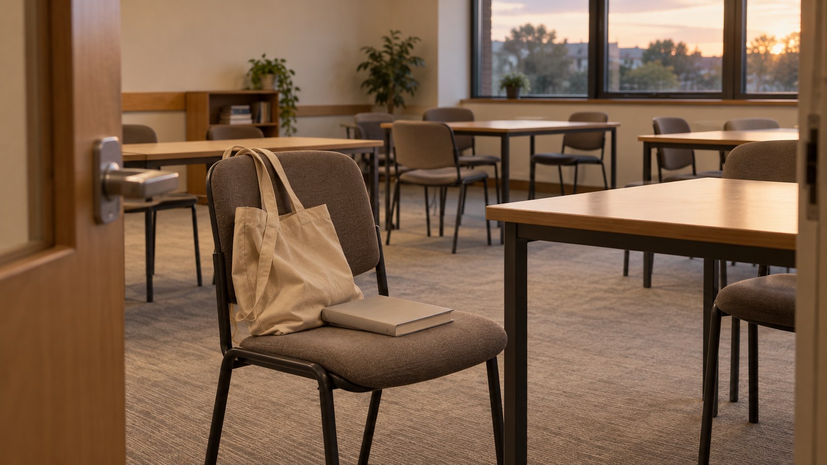 A course book and canvas bag on a chair in an empty classroom