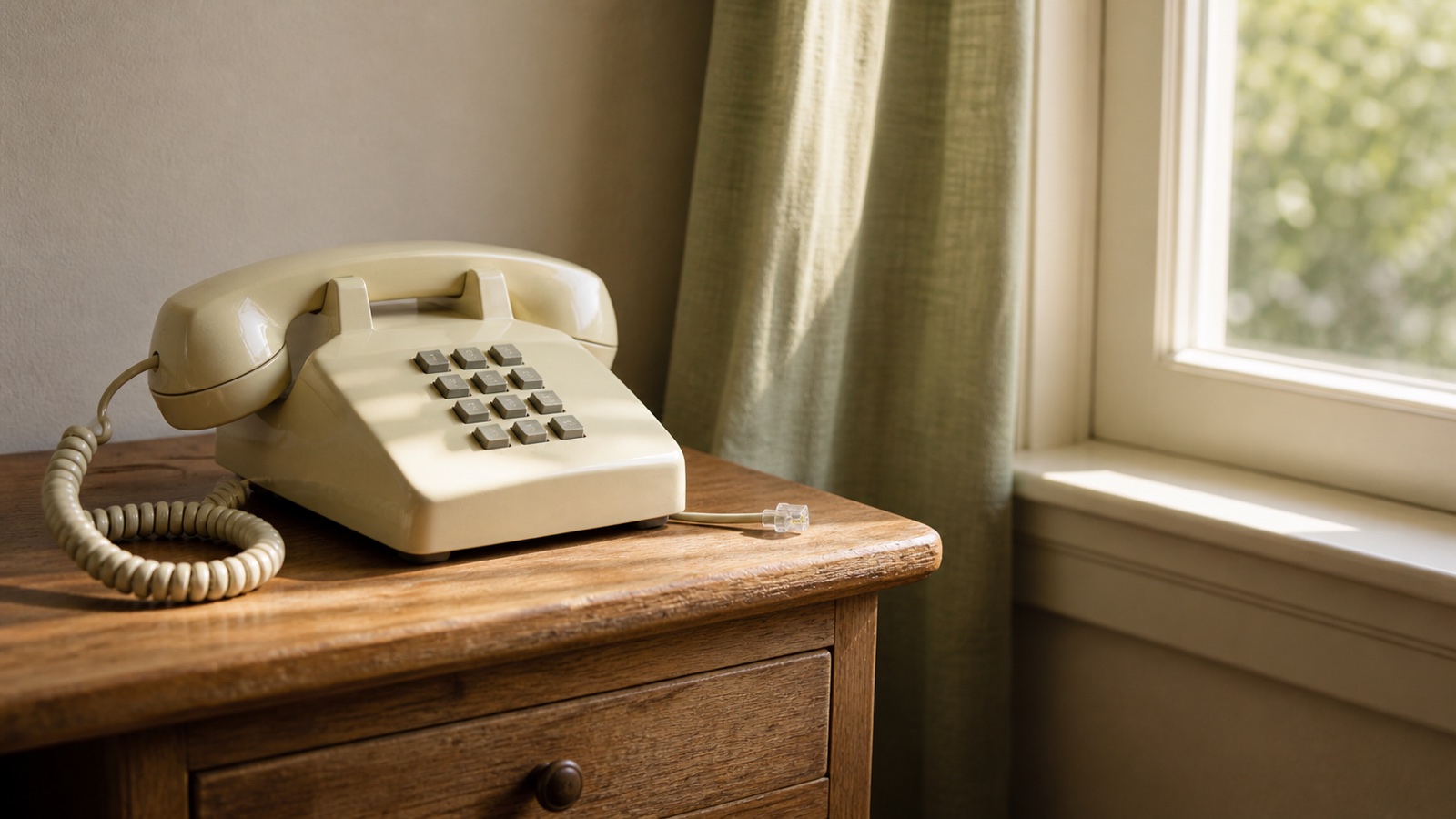 A cream corded telephone resting beside its unplugged line connector
