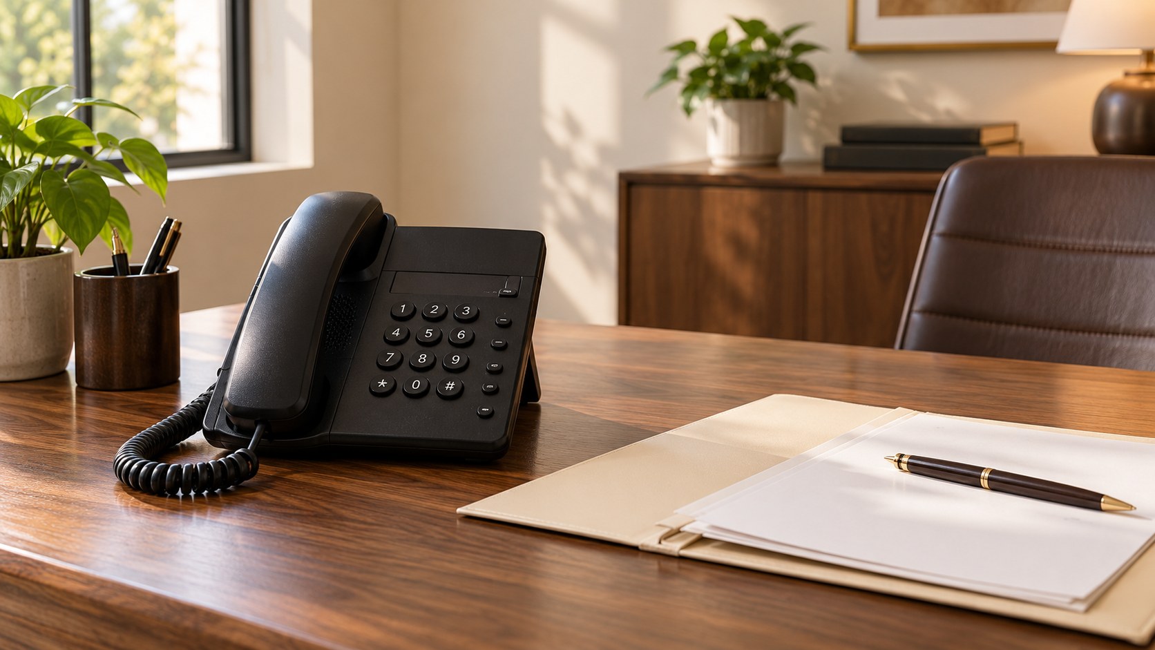 A desk telephone beside an open folder of blank pages and a pen.