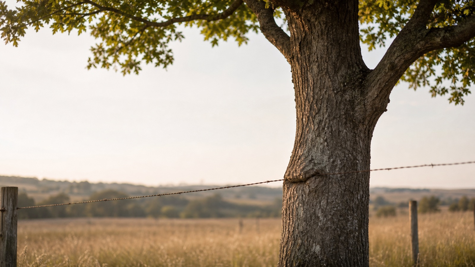 A mature tree growing around an old fence wire in a sunlit field