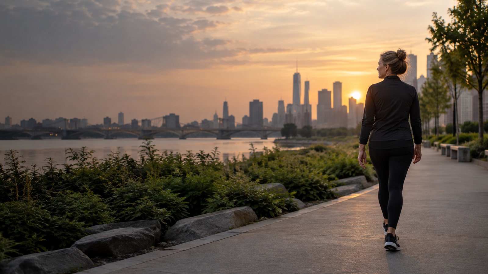 A woman founder takes a quiet sunrise walk beside the city