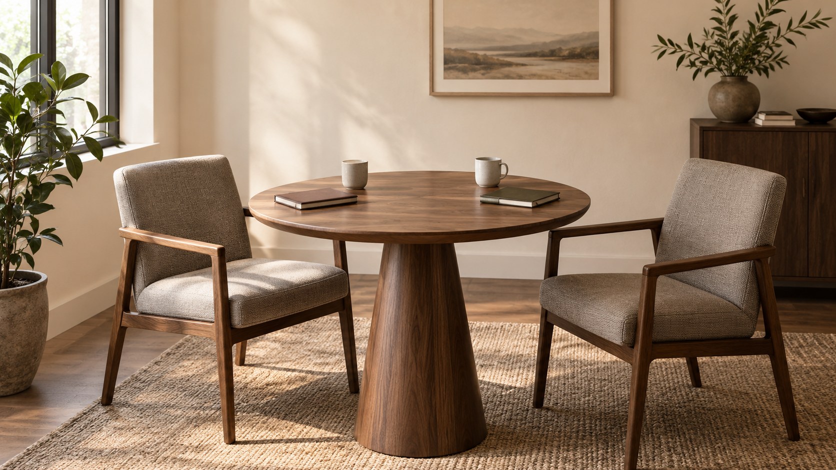 Two chairs beside a round wooden table with two closed notebooks and ceramic cups.