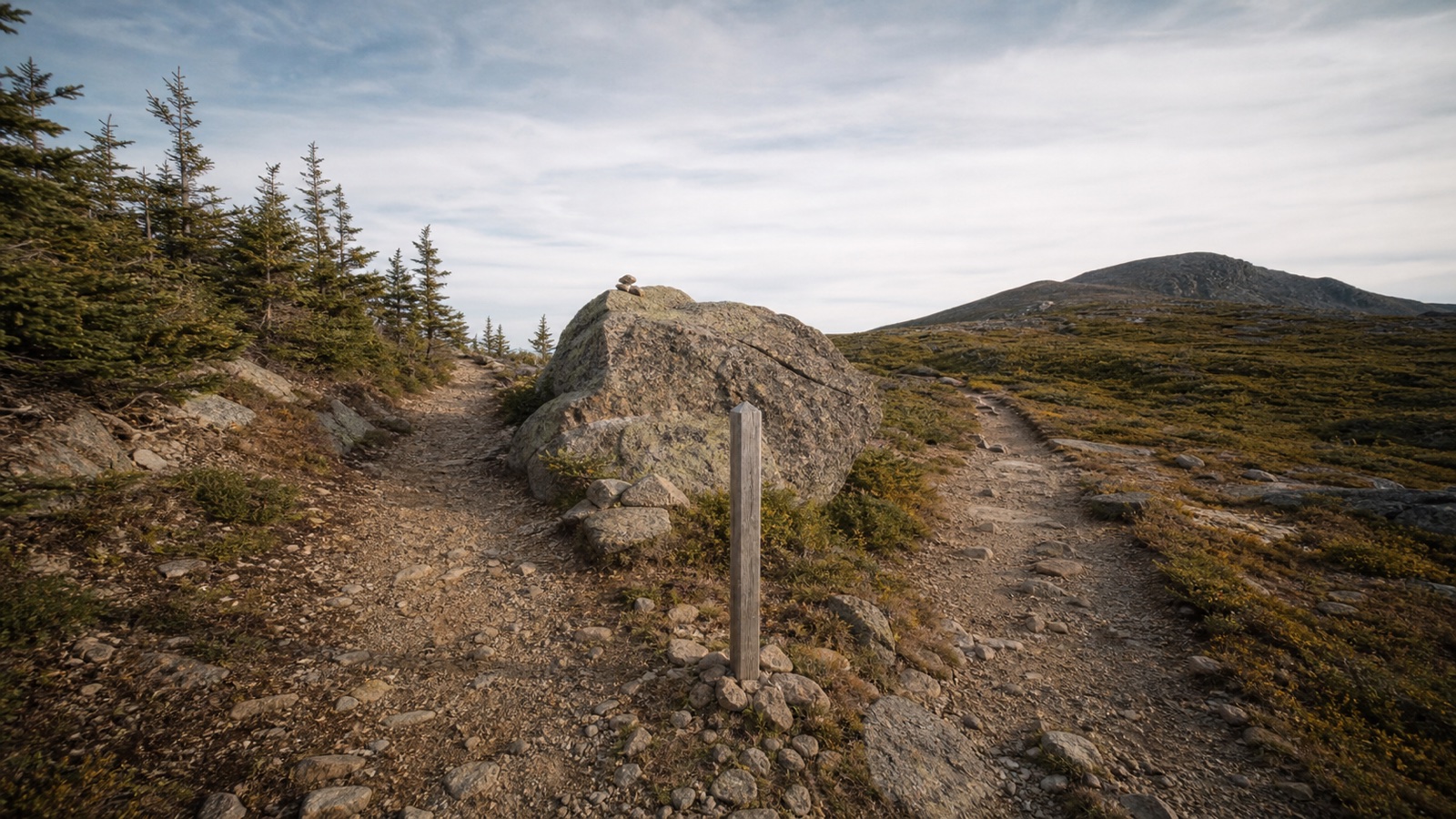 A mountain trail splitting around a large boulder into two plausible routes