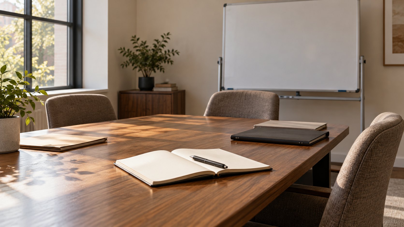 An open notebook and pen on a meeting table with chairs and a blank presentation board