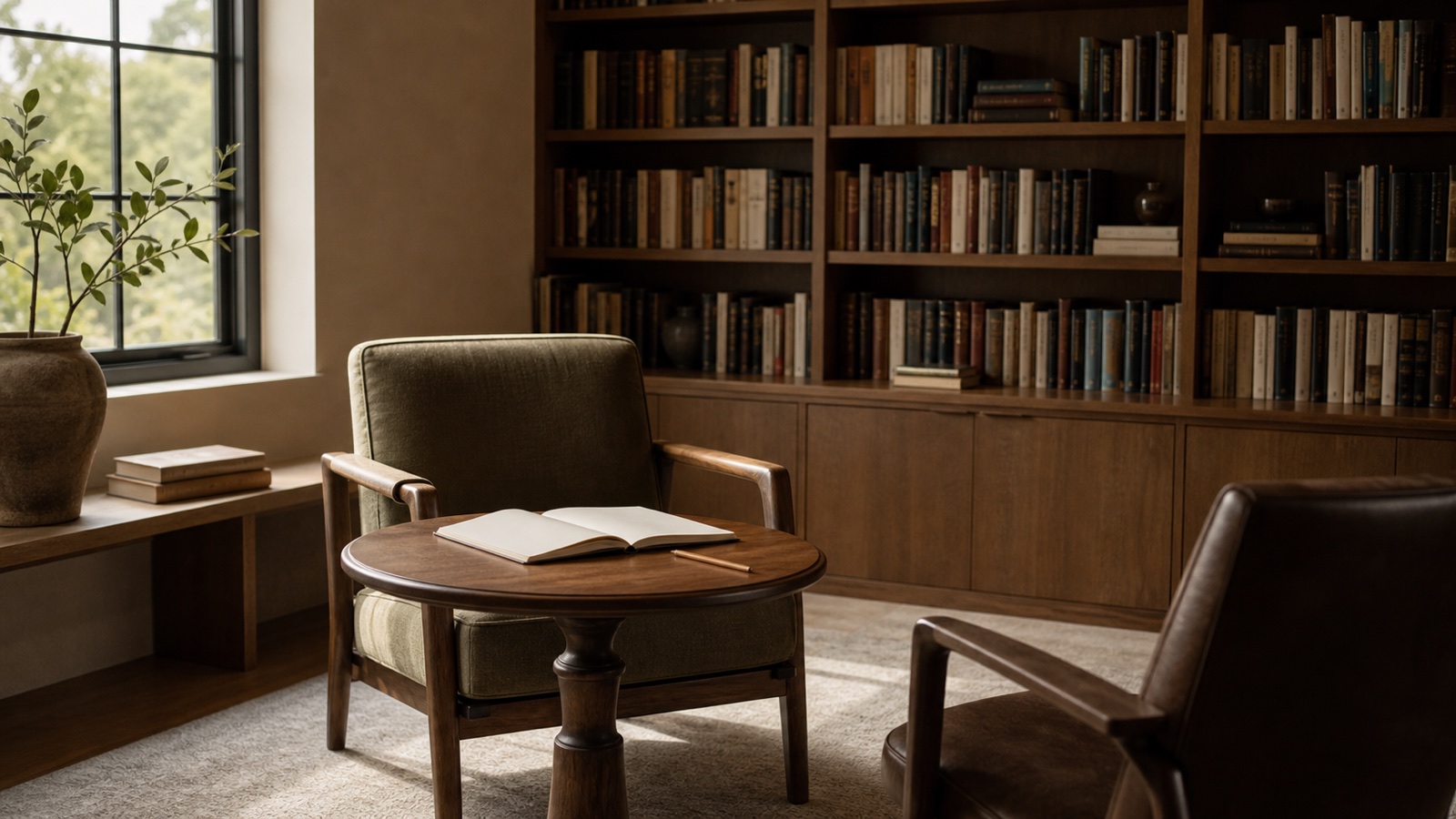 Two chairs arranged for a quiet conversation in a private library
