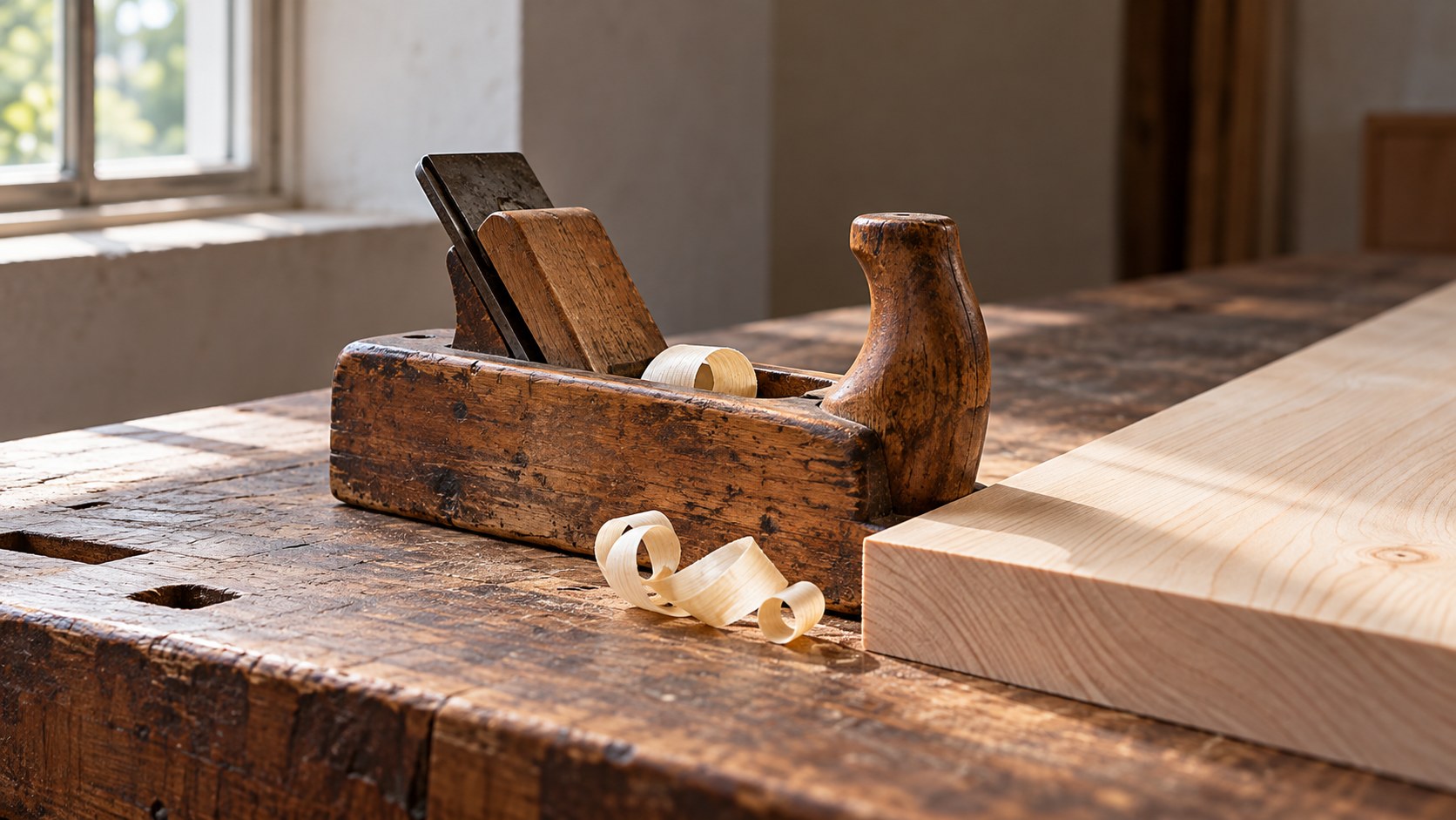 Worn wooden hand plane beside a fresh timber board and curled shavings on a workbench.