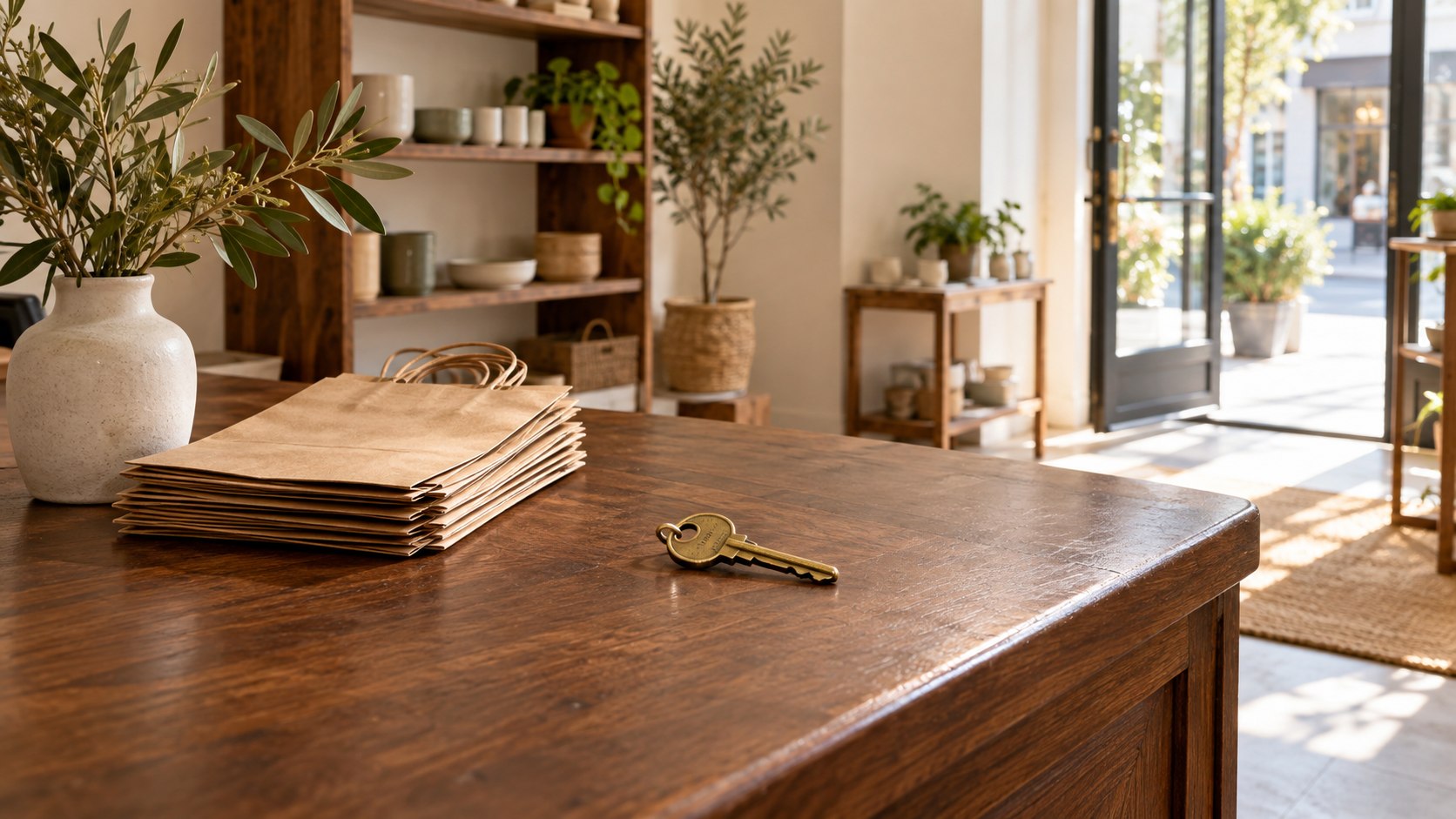 Brass key and paper shopping bags on a wooden counter in a sunlit small shop.