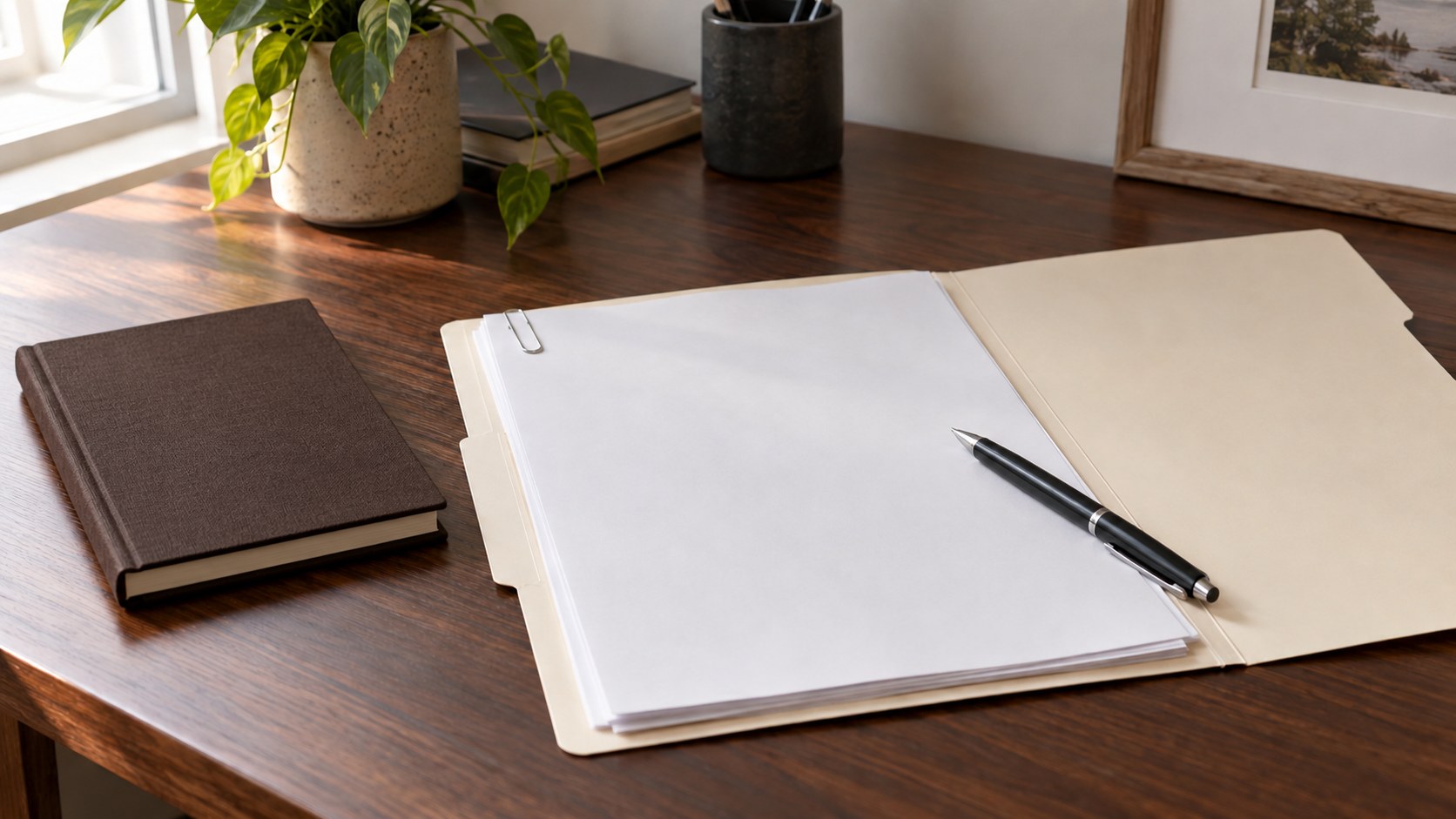 A closed ledger beside an open folder of blank pages and a pen on a desk.