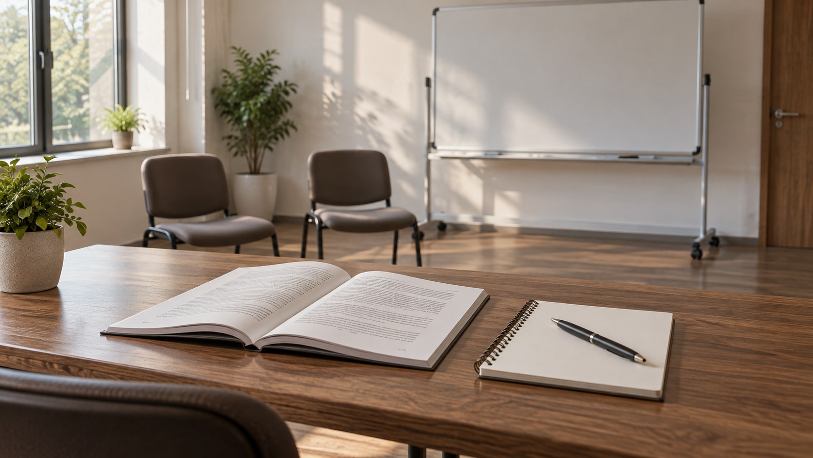 An open workbook and blank practice notebook in an empty training room