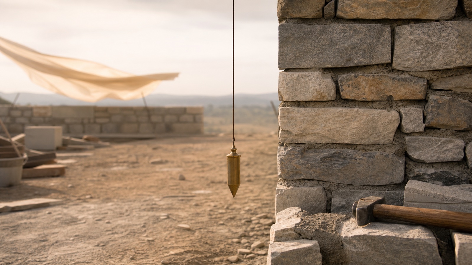 A brass plumb bob hanging true beside a stone wall while canvas moves in the wind