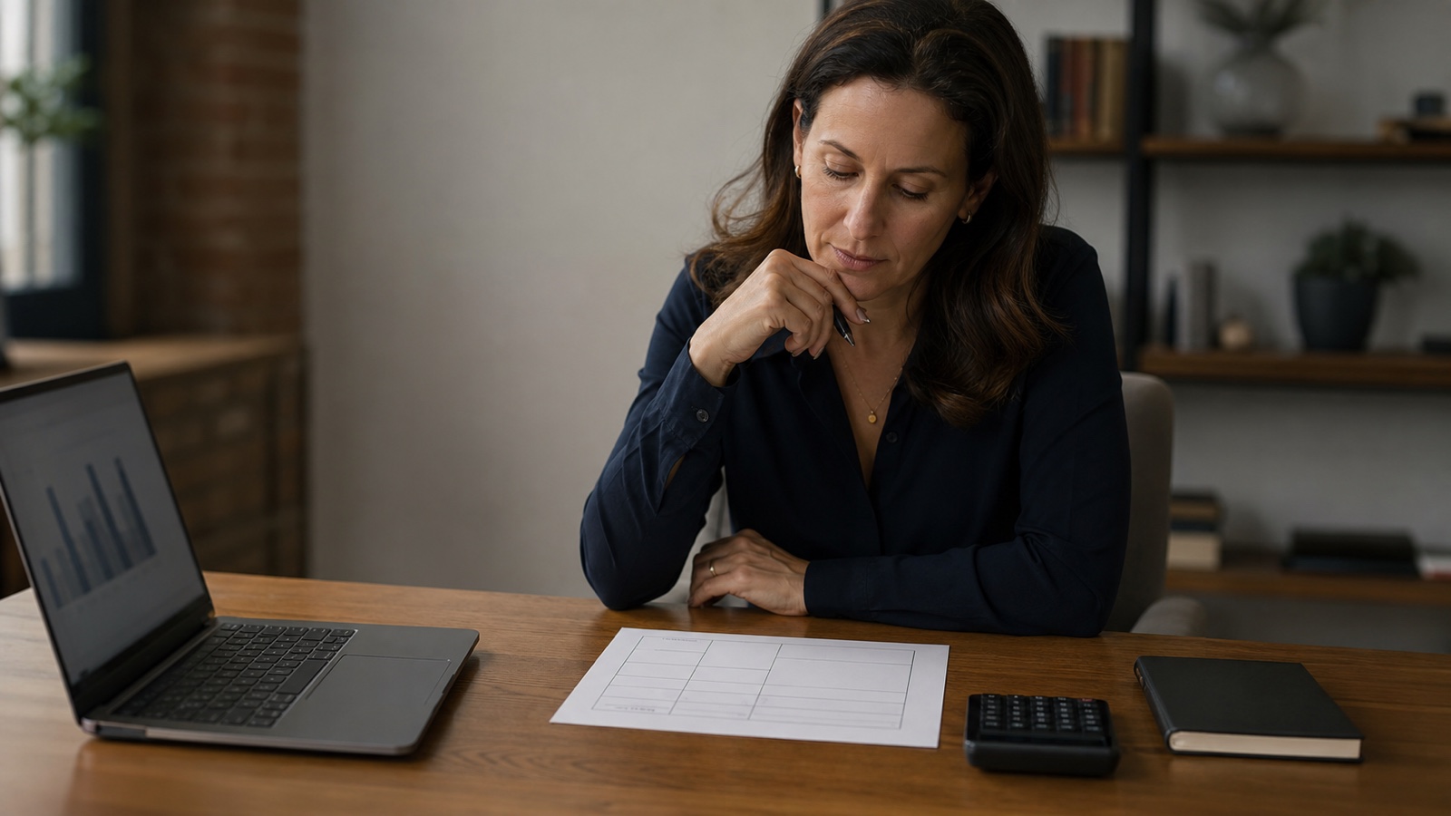 A professional woman reviewing a financial decision worksheet at a quiet desk