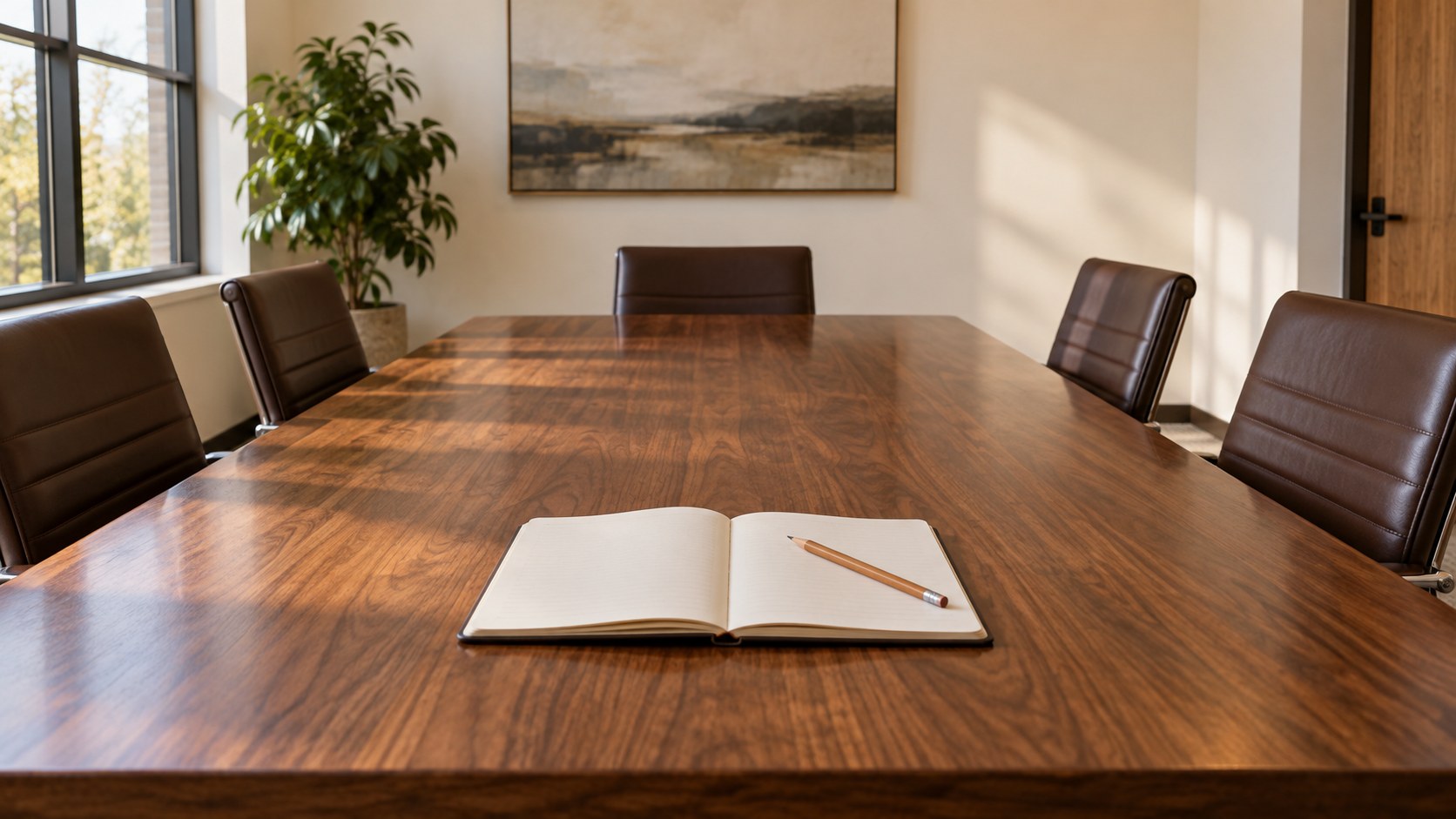 Open notebook and pencil on a wooden conference table surrounded by empty chairs.