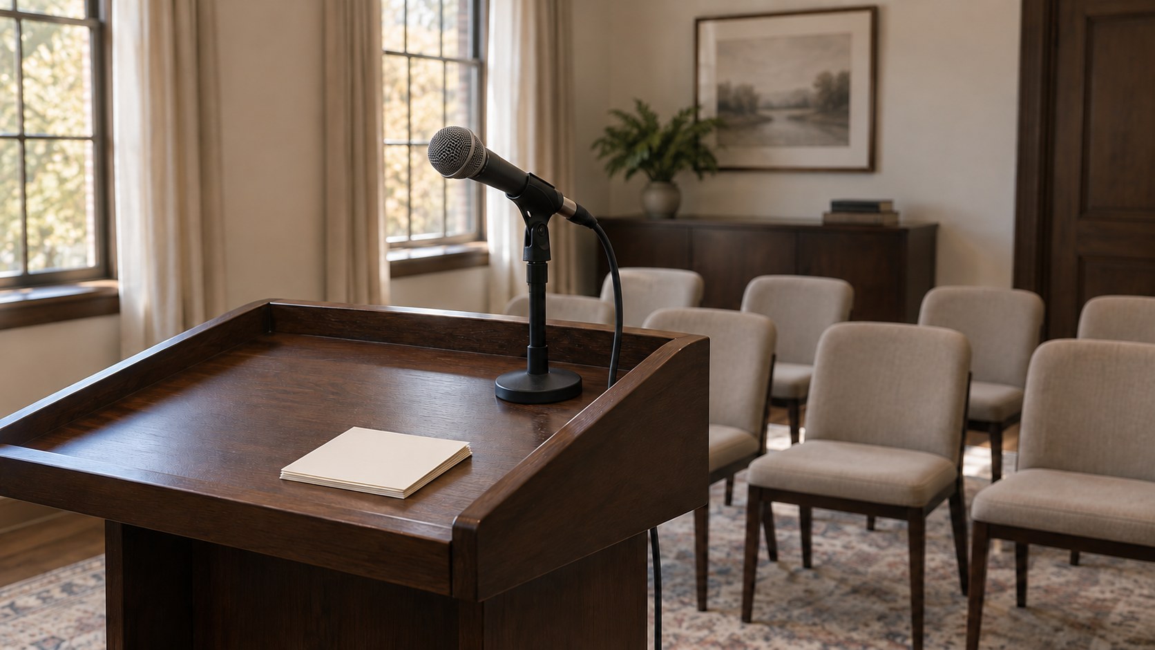 A microphone and blank cue cards on a wooden lectern facing empty chairs.