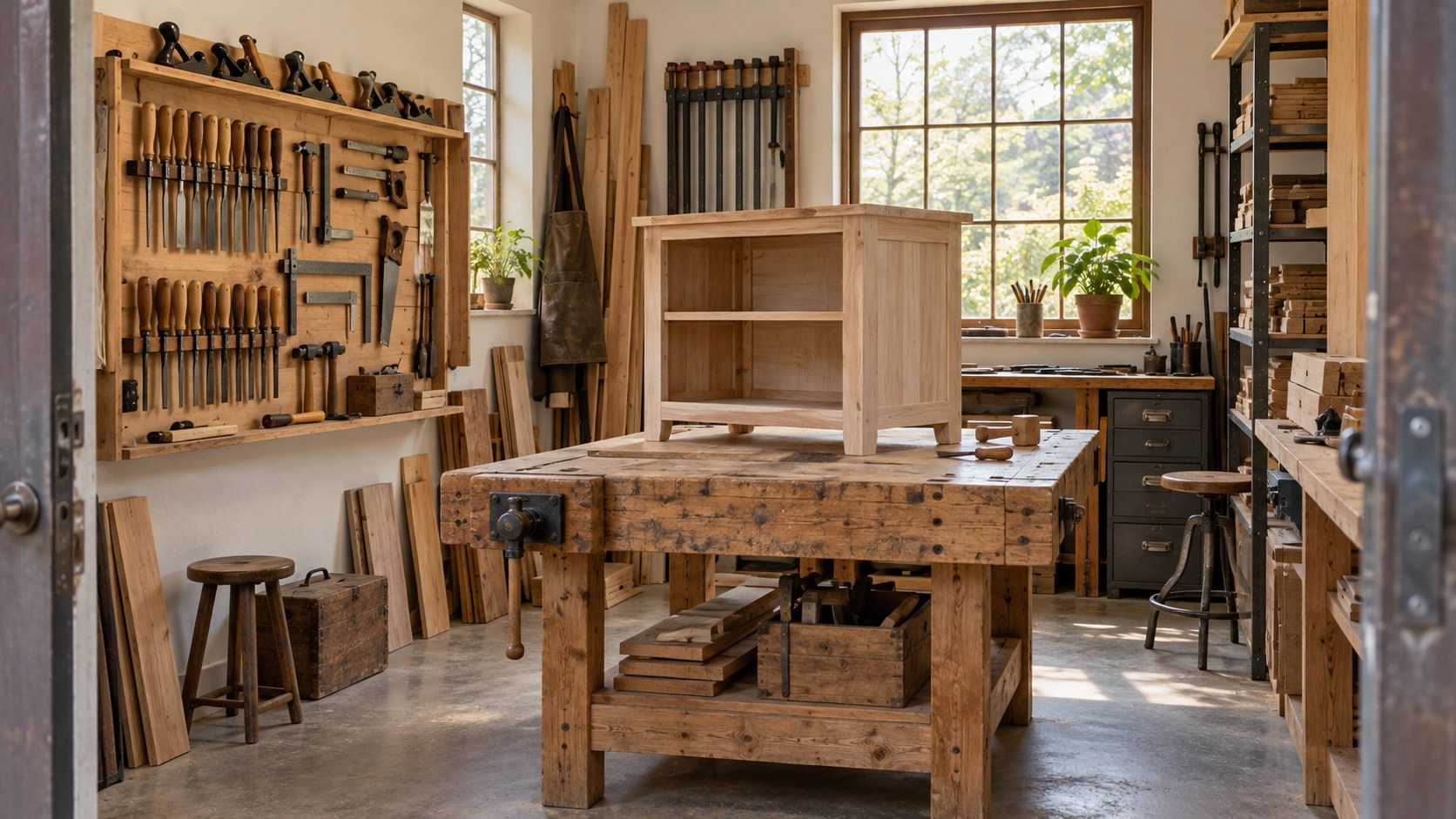 An unfinished wooden cabinet on a workbench in an empty workshop
