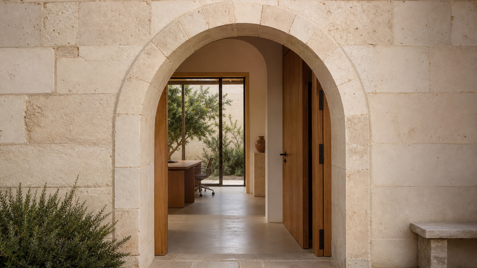 A load-bearing limestone arch framing the entrance to a quiet modern workspace