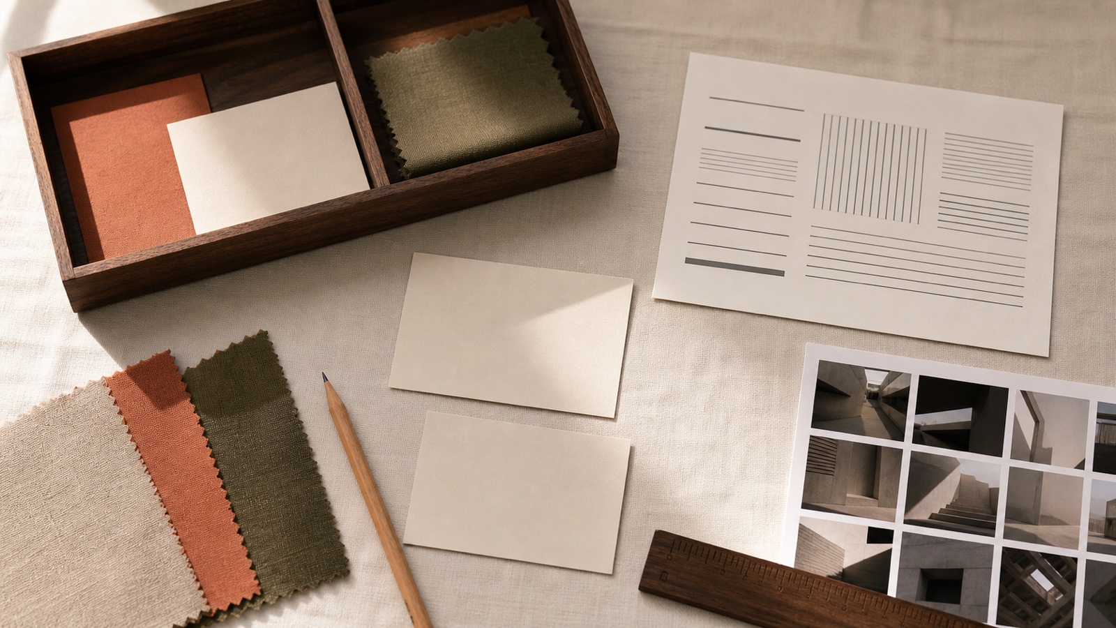 Brand materials, color swatches, blank cards, and architectural references arranged on a strategy table