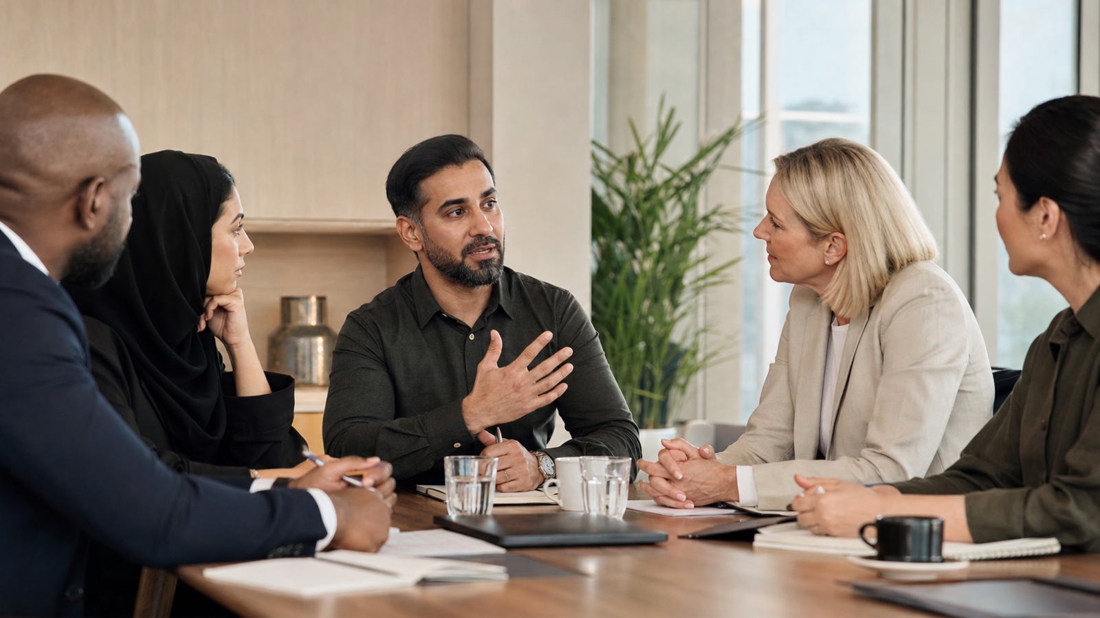 A diverse leadership team listening closely as one colleague speaks in a calm meeting