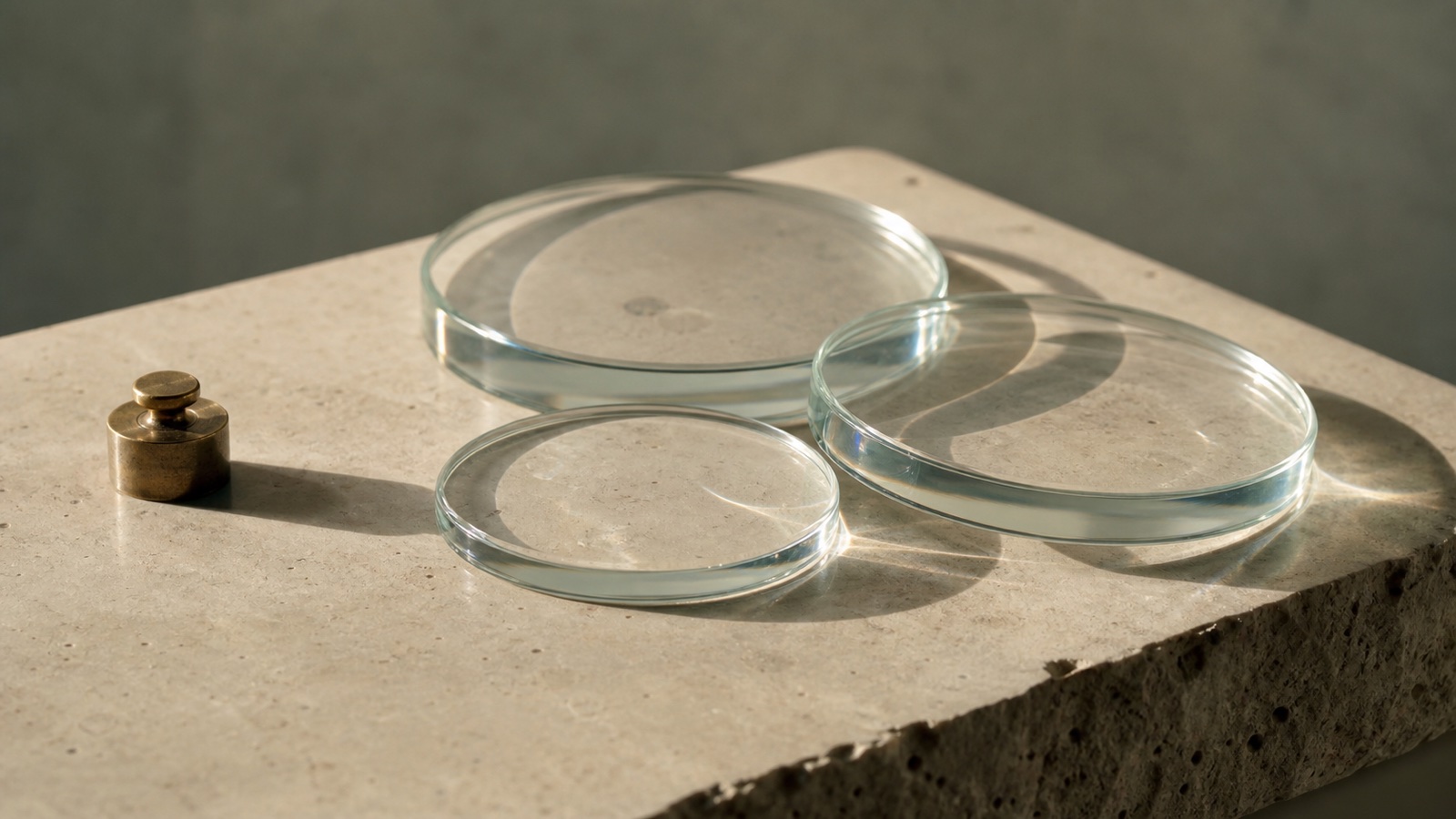 Three overlapping clear glass circles beside a small brass calibration weight