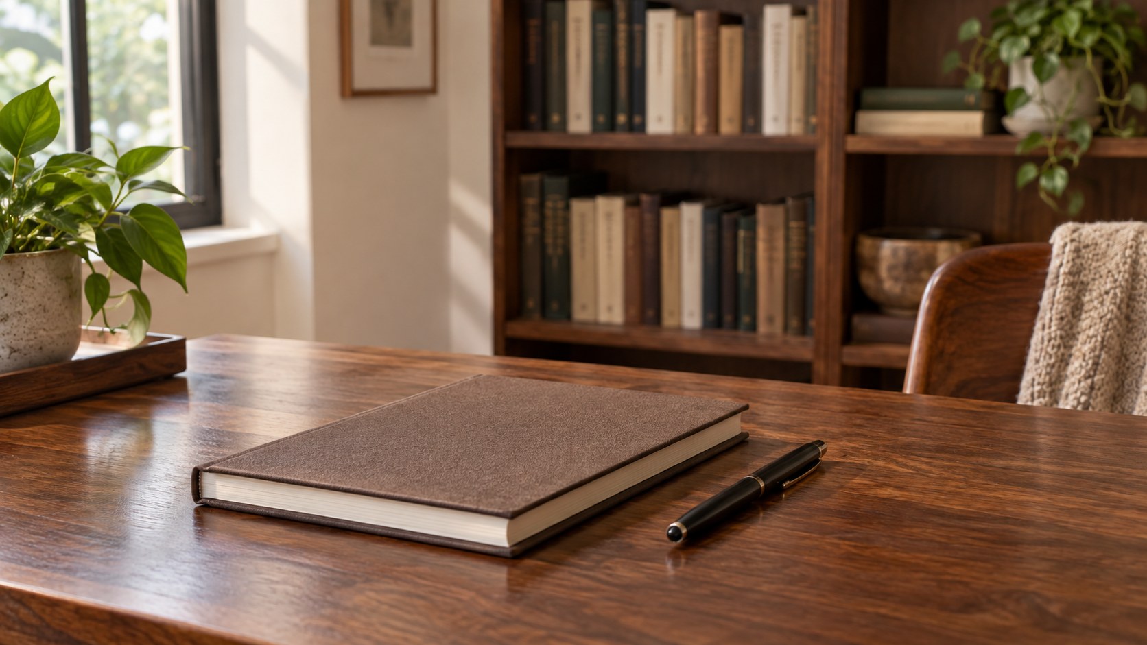 A closed notebook and capped pen on a library desk