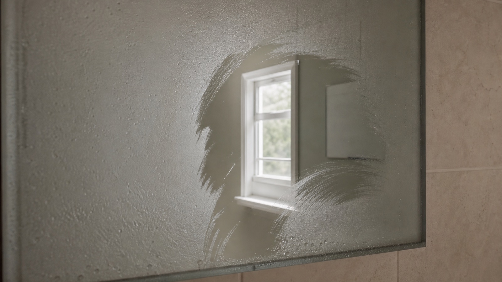 A clear view of a window emerging through an imperfectly wiped fogged mirror