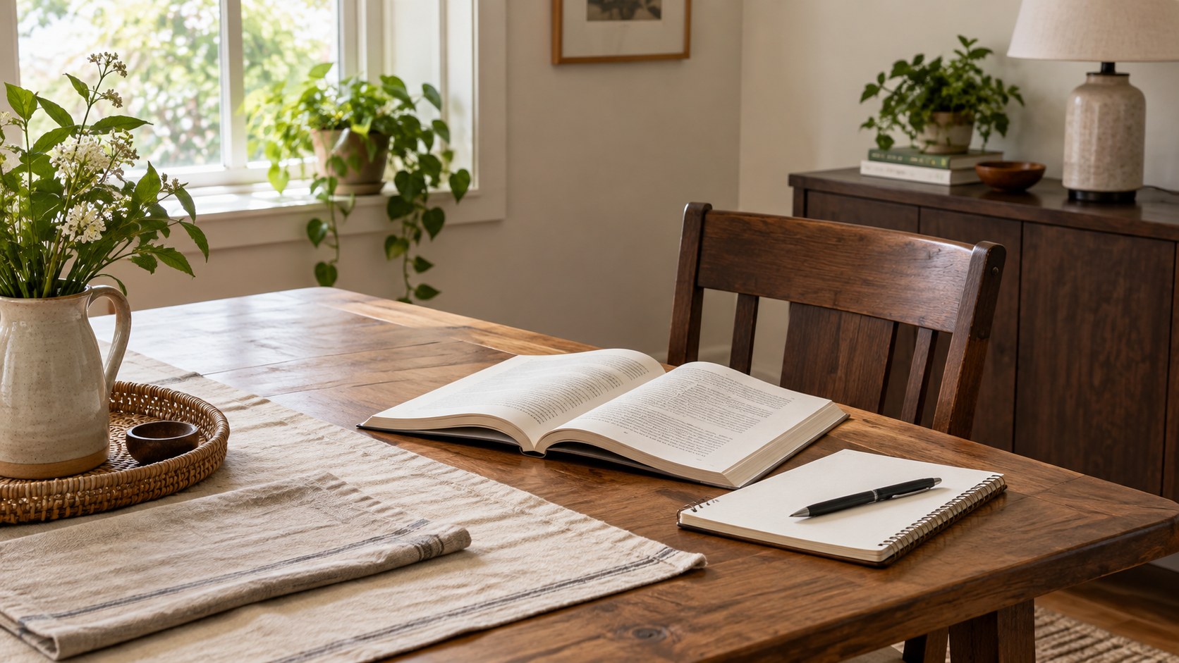 An open study book, writing notebook and pen on a home dining table