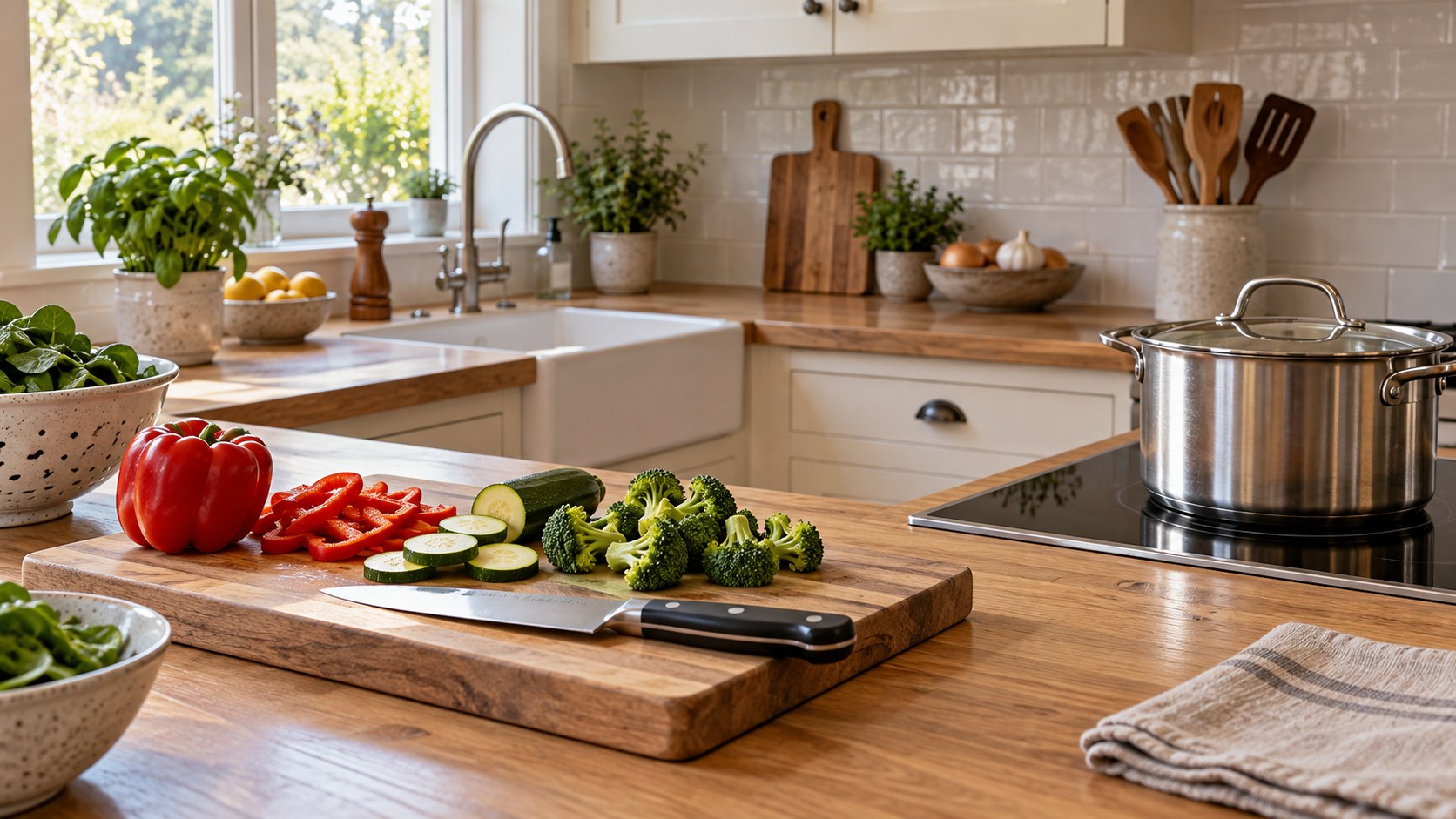 Vegetables prepared on a chopping board beside a pot in a home kitchen